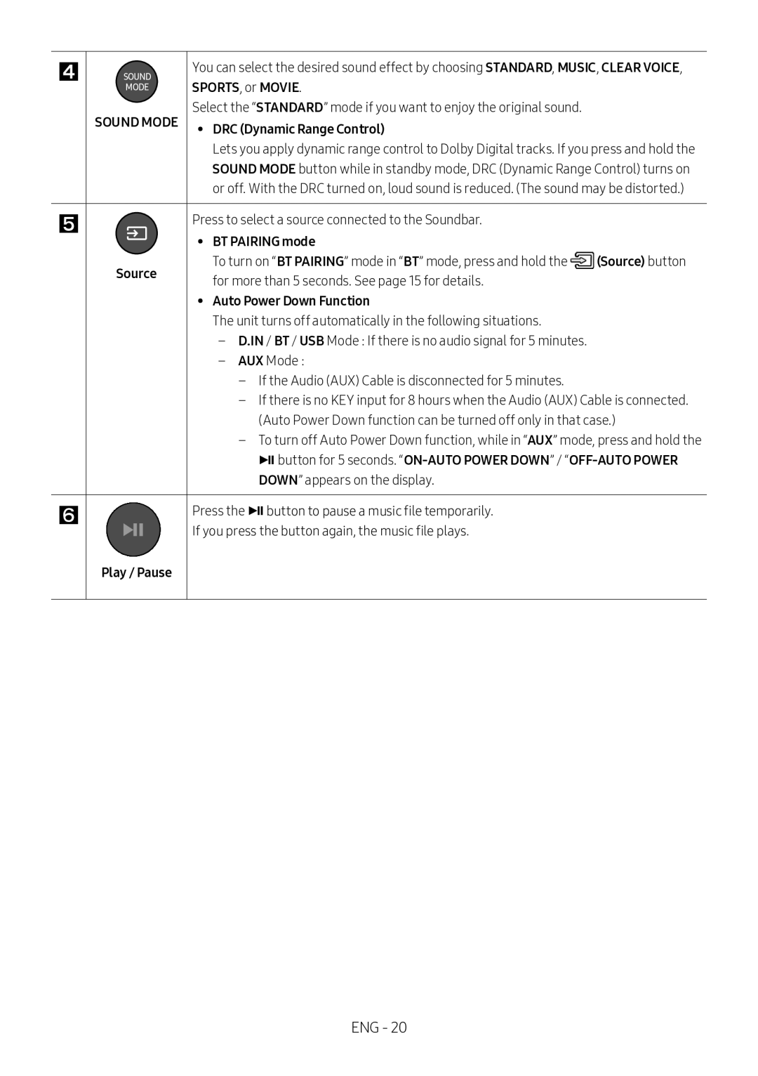 Samsung HW-M360/EN manual SPORTS, or Movie, DRC Dynamic Range Control, BT Pairing mode Source, Auto Power Down Function 