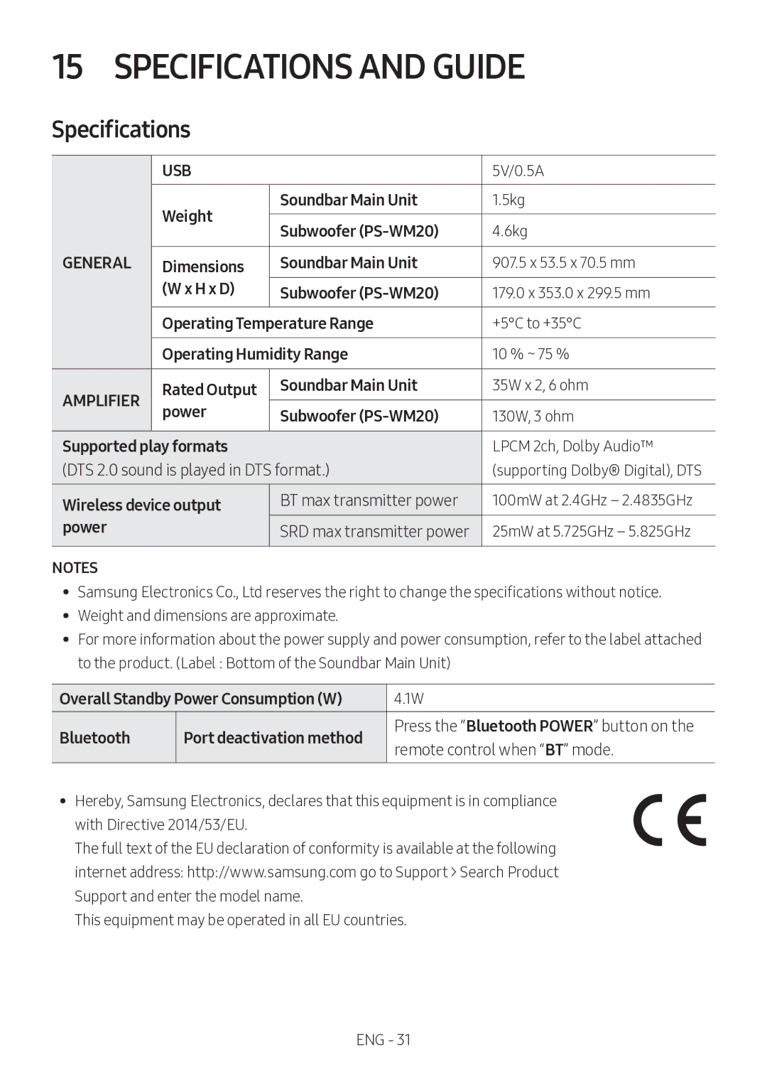 Samsung HW-M360/ZG, HW-M360/EN manual Specifications and Guide 