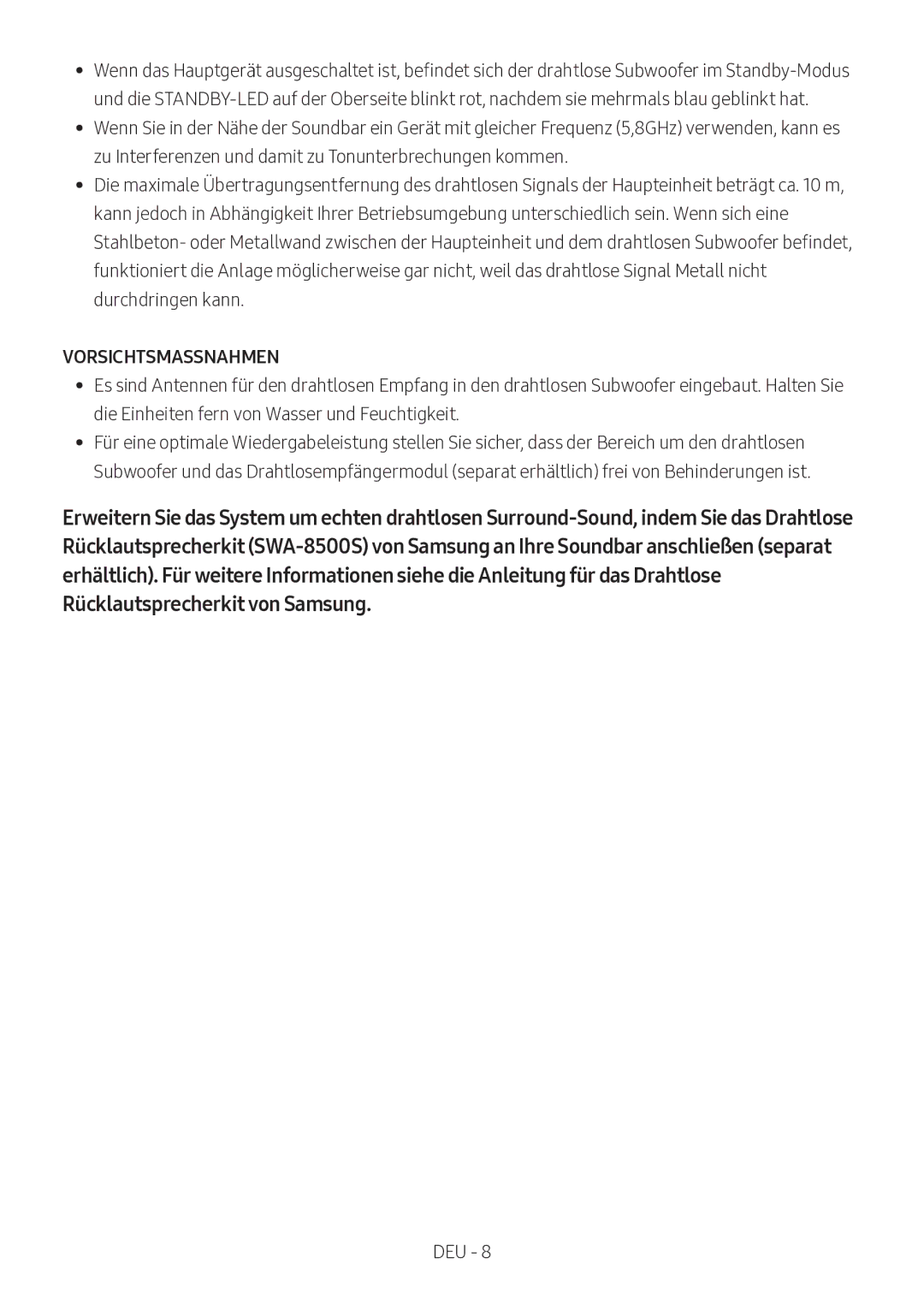 Samsung HW-M360/ZG, HW-M360/EN manual Vorsichtsmassnahmen 