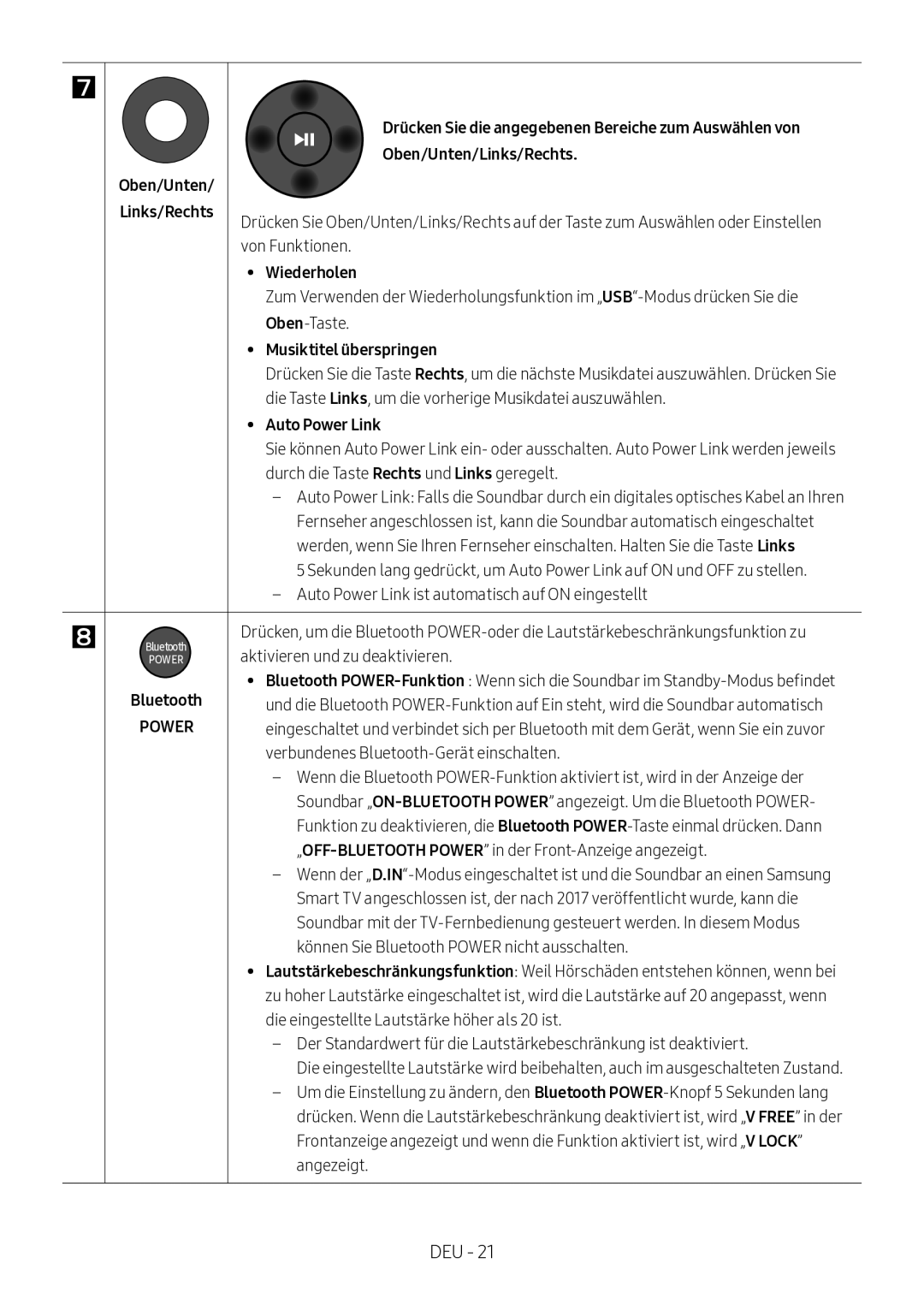 Samsung HW-M360/EN Oben/Unten Oben/Unten/Links/Rechts, Von Funktionen, Wiederholen, Oben-Taste, Musiktitel überspringen 