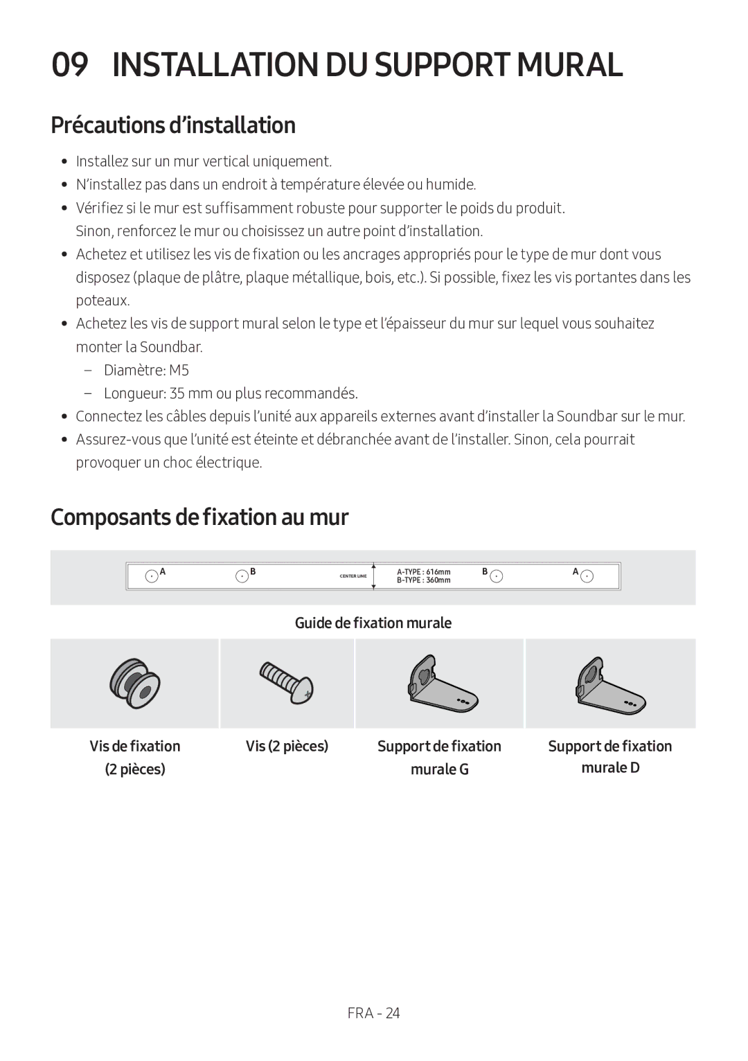 Samsung HW-M360/EN manual Installation DU Support Mural, Précautions d’installation, Composants de fixation au mur, Pièces 