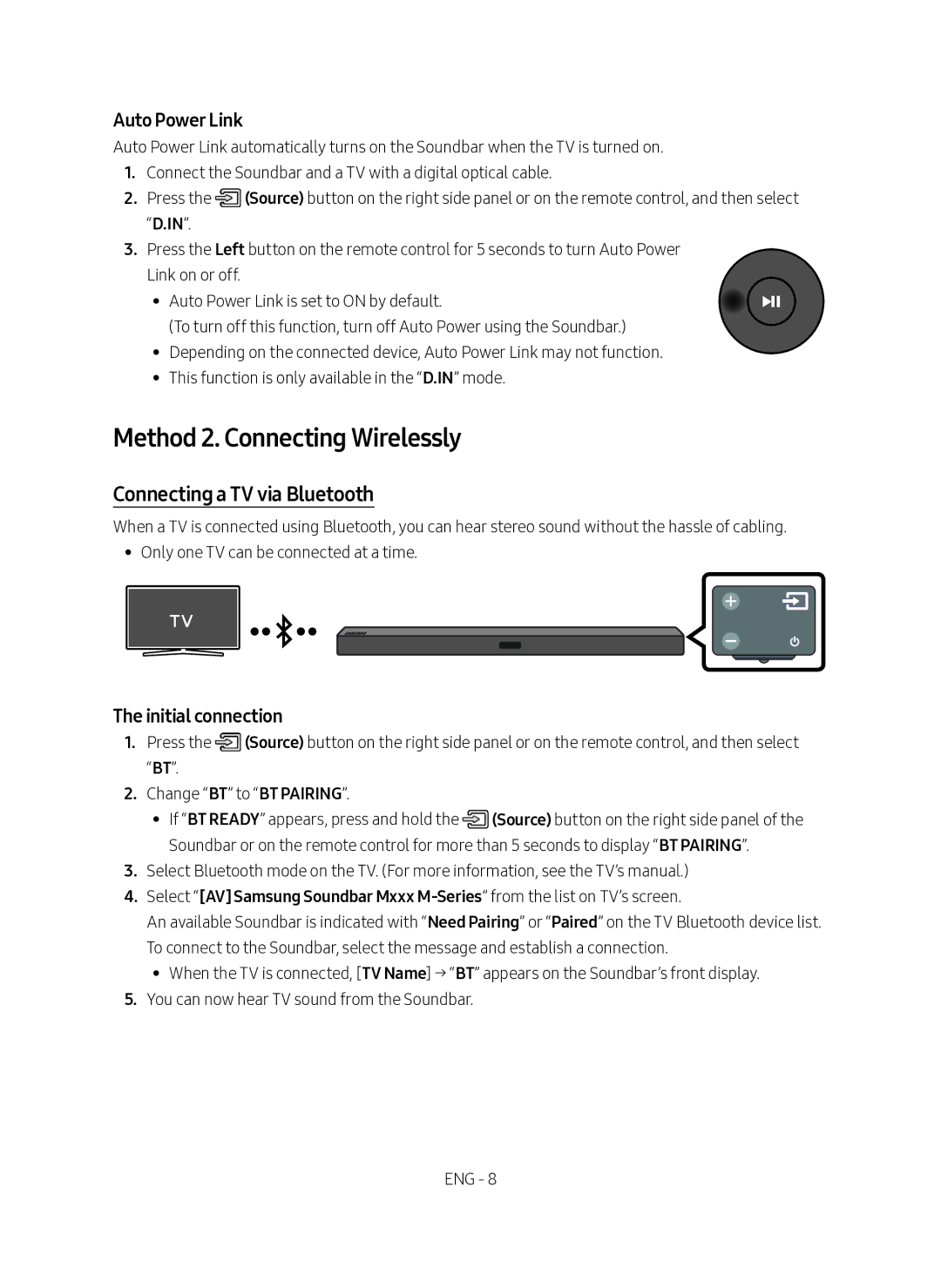 Samsung HW-M360/EN Method 2. Connecting Wirelessly, Connecting a TV via Bluetooth, Auto Power Link, Initial connection 