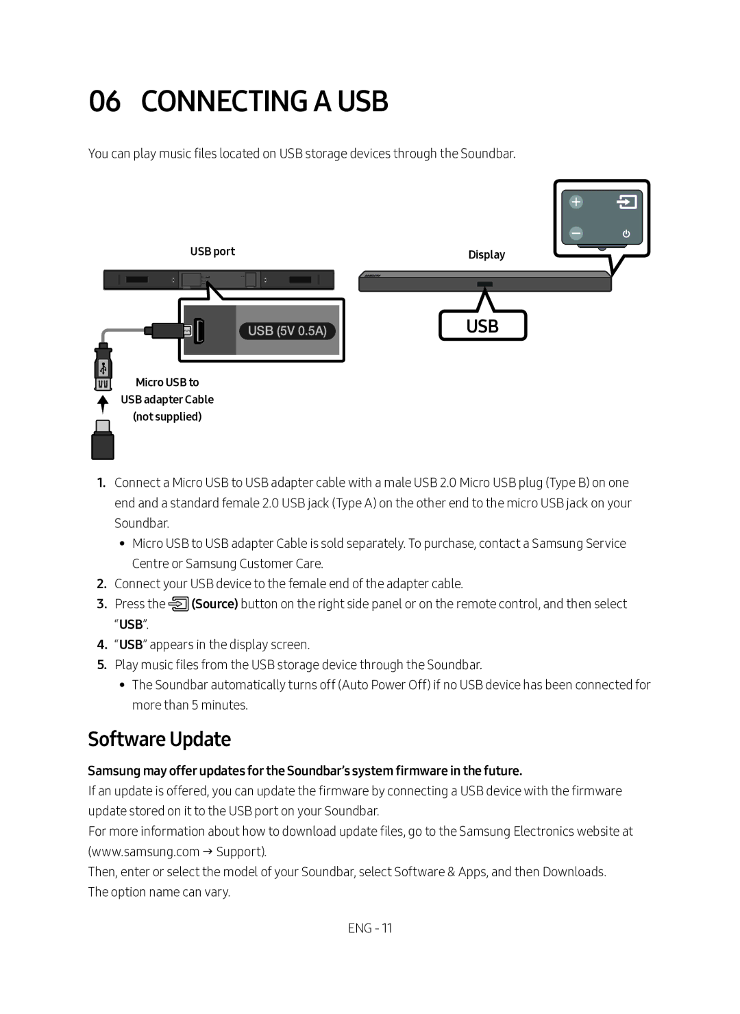 Samsung HW-M360/ZG manual Connecting a USB, Software Update, USB port Display, Micro USB to USB adapter Cable Not supplied 