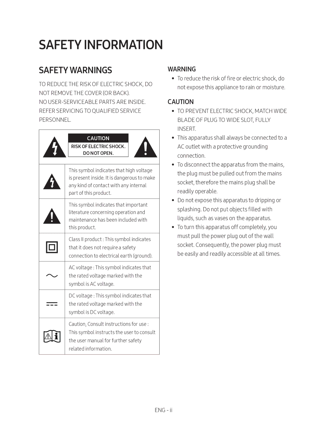 Samsung HW-M360/EN, HW-M360/ZG manual Safety Information, Safety Warnings 