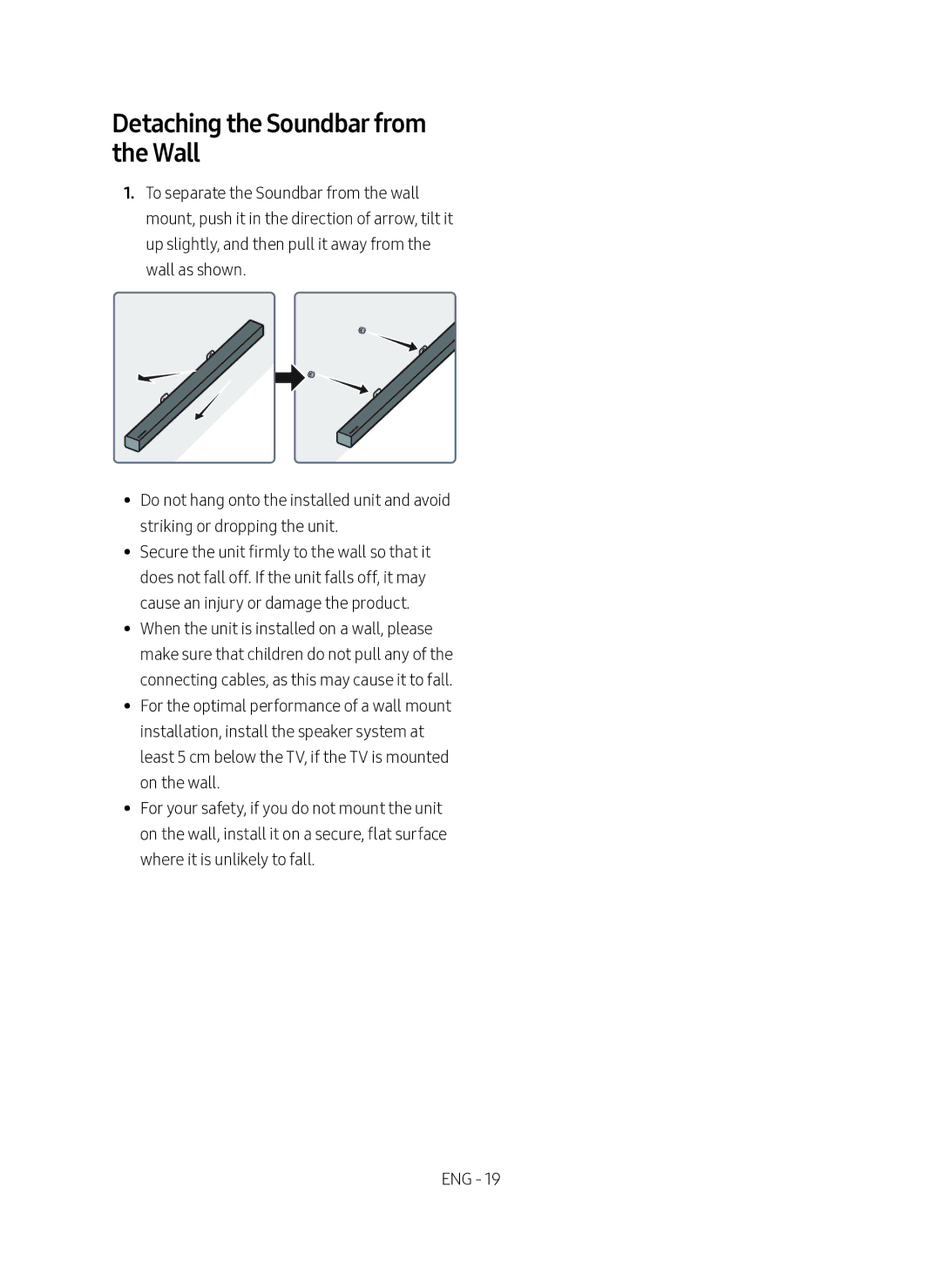 Samsung HW-M360/ZG, HW-M360/EN manual Detaching the Soundbar from the Wall 