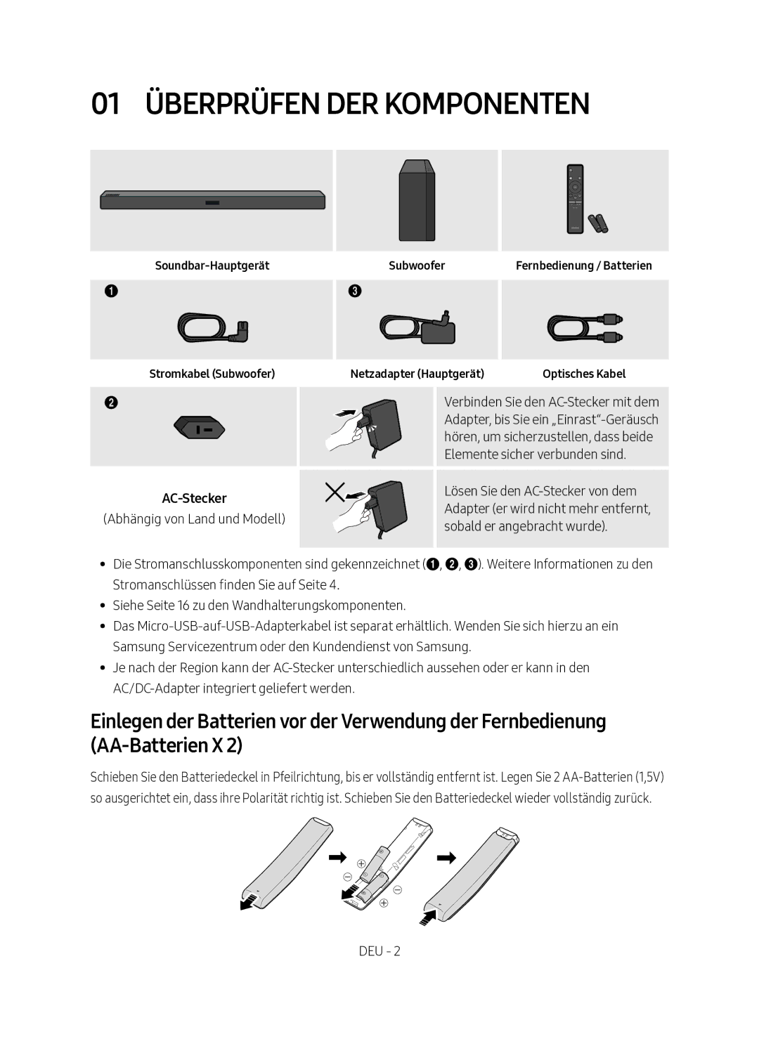 Samsung HW-M360/EN, HW-M360/ZG manual 01 Überprüfen der Komponenten, AC-Stecker, Soundbar-Hauptgerät Stromkabel Subwoofer 