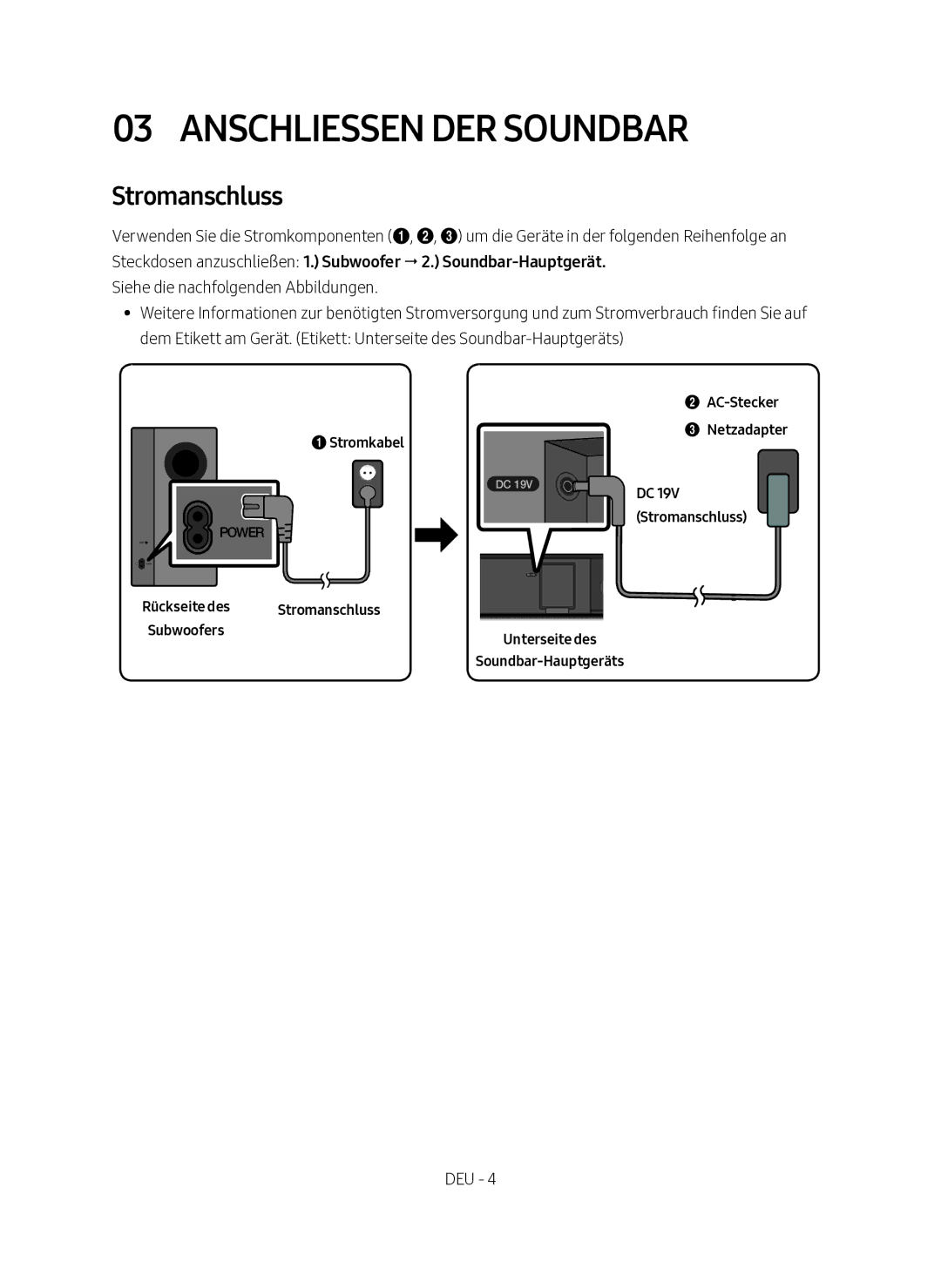 Samsung HW-M360/EN, HW-M360/ZG manual Anschliessen der Soundbar, Stromanschluss, AC-Stecker, 1Stromkabel Netzadapter 