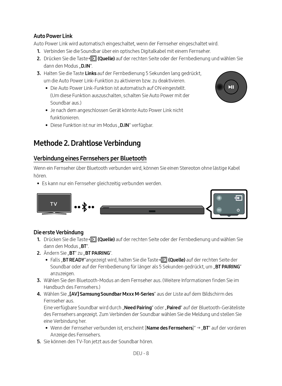 Samsung HW-M360/EN manual Methode 2. Drahtlose Verbindung, Verbindung eines Fernsehers per Bluetooth, Die erste Verbindung 