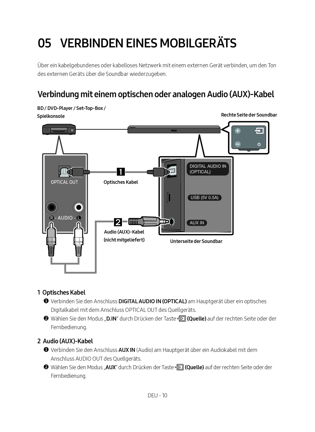 Samsung HW-M360/EN, HW-M360/ZG manual Verbinden eines Mobilgeräts, Optisches Kabel, Audio AUX-Kabel 