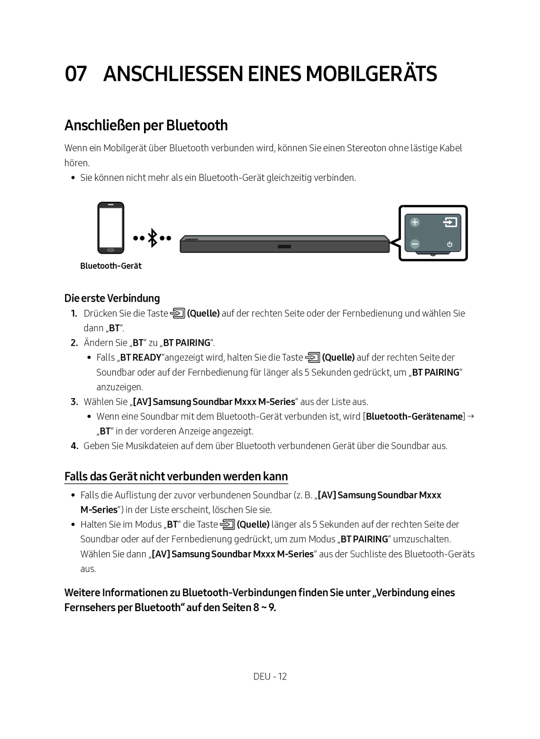 Samsung HW-M360/EN Anschliessen eines Mobilgeräts, Anschließen per Bluetooth, Falls das Gerät nicht verbunden werden kann 