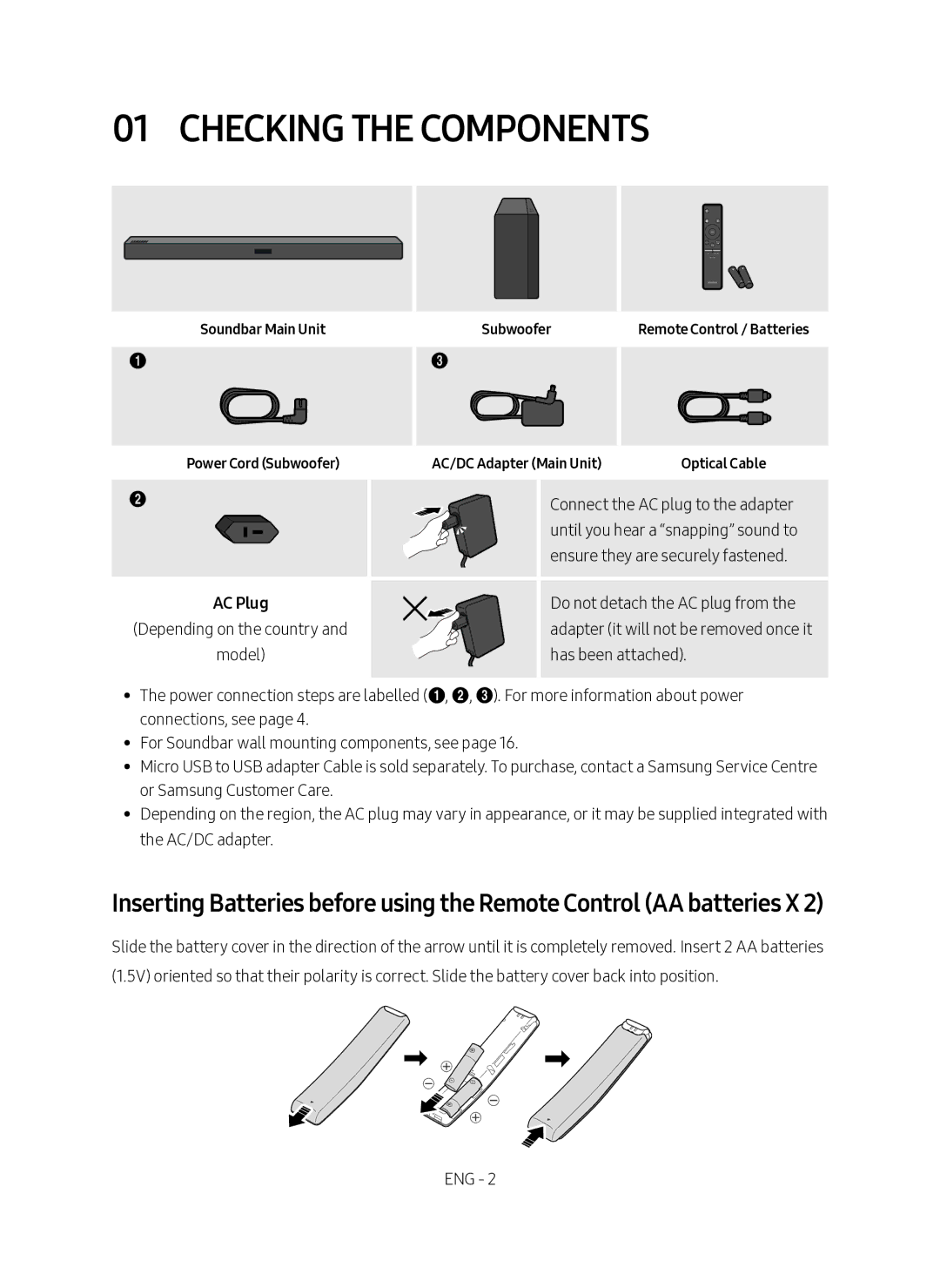 Samsung HW-M360/EN, HW-M360/ZG Checking the Components, Soundbar Main Unit Power Cord Subwoofer, AC/DC Adapter Main Unit 