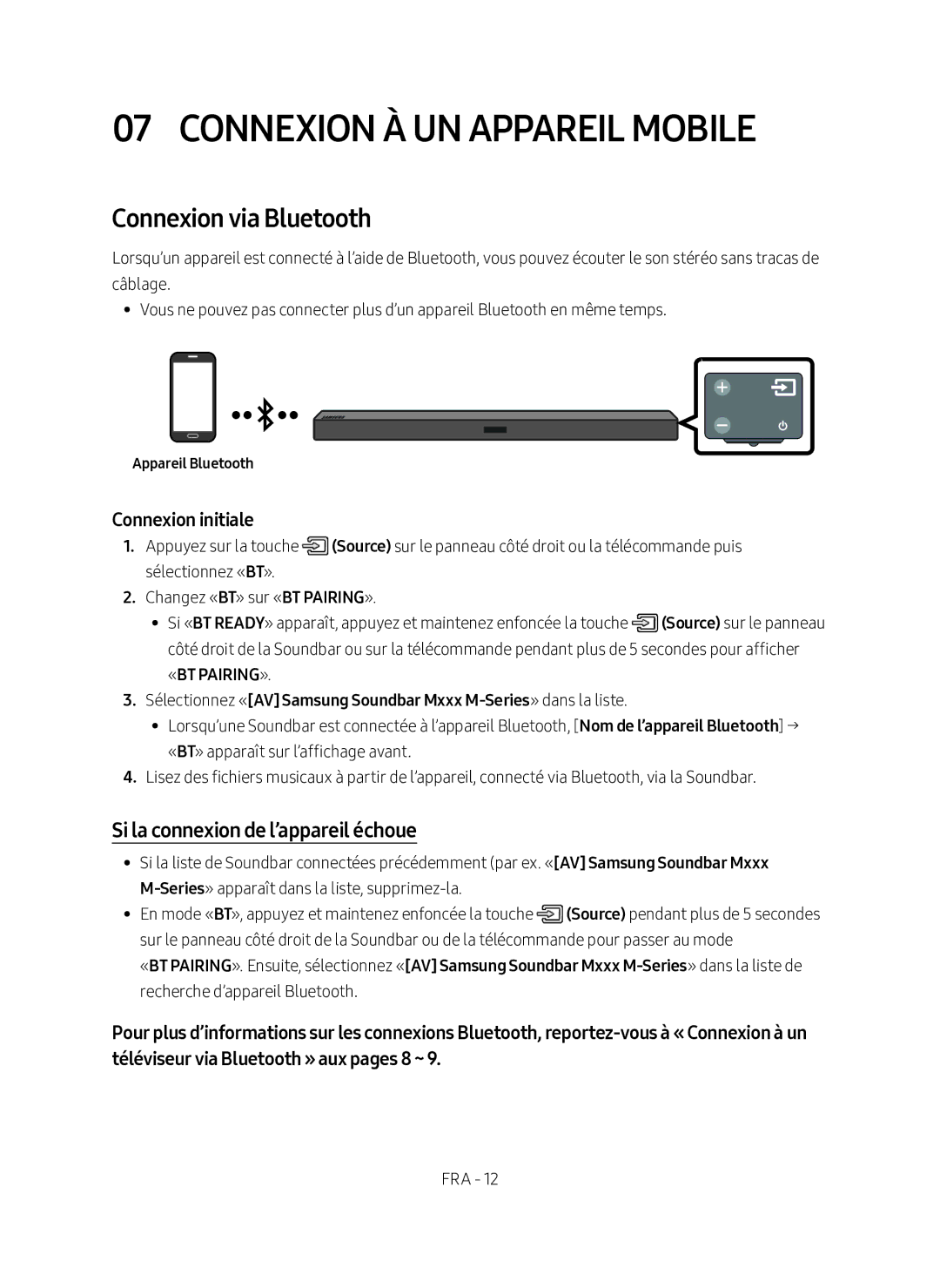 Samsung HW-M360/EN manual Connexion à un Appareil Mobile, Connexion via Bluetooth, Si la connexion de l’appareil échoue 