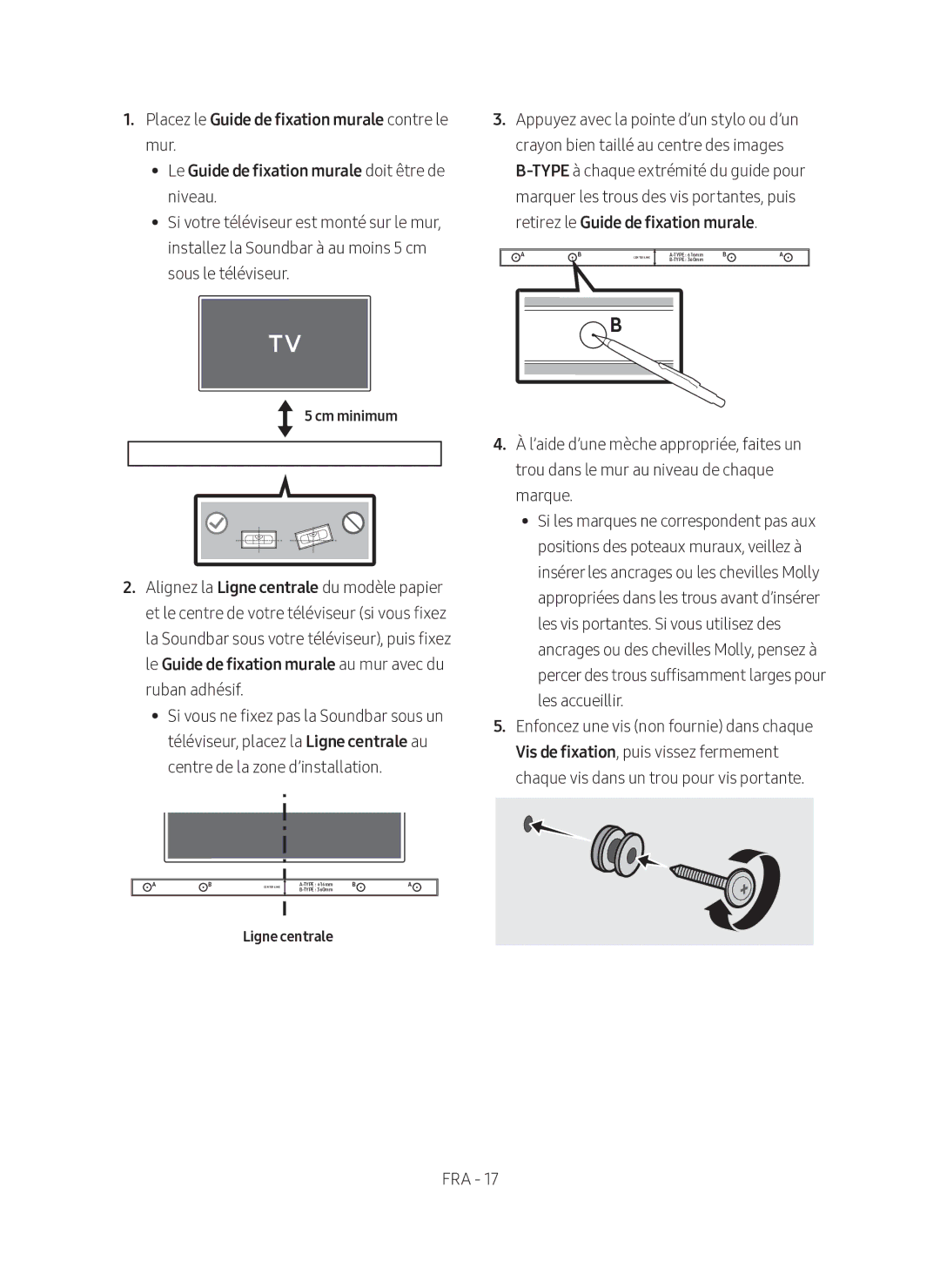 Samsung HW-M360/ZG Placez le Guide de fixation murale contre le, Le Guide de fixation murale doit être de, Cm minimum 