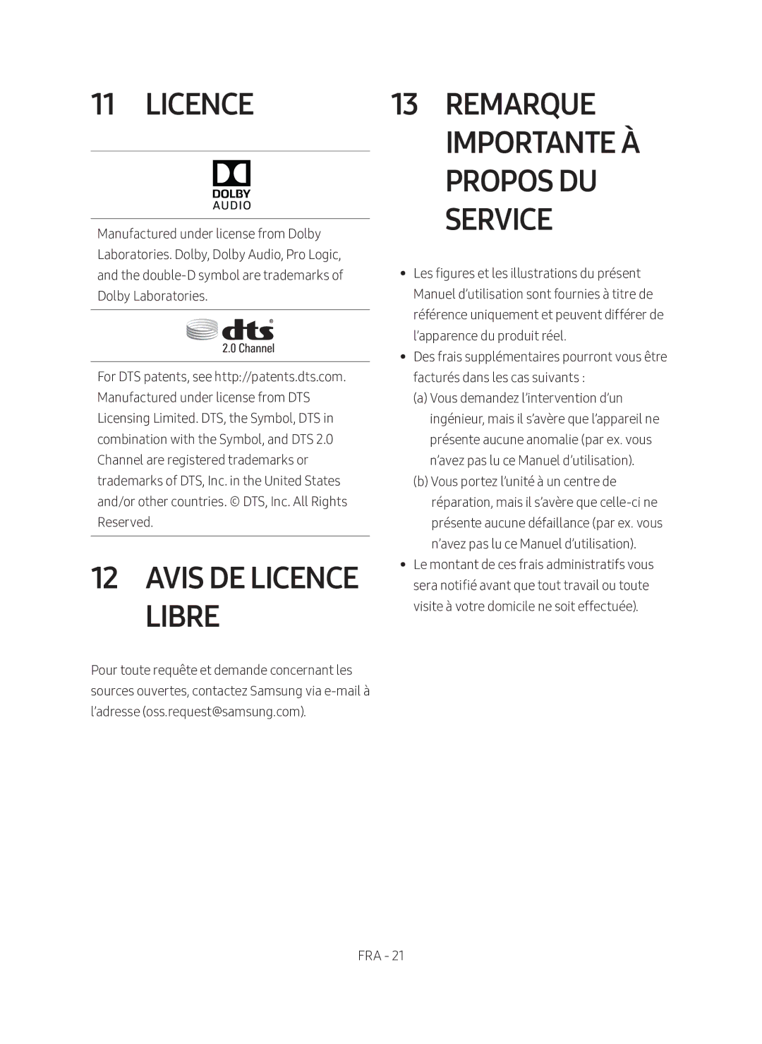 Samsung HW-M360/ZG, HW-M360/EN manual Avis de Licence Libre, Remarque Importante à Propos du Service 