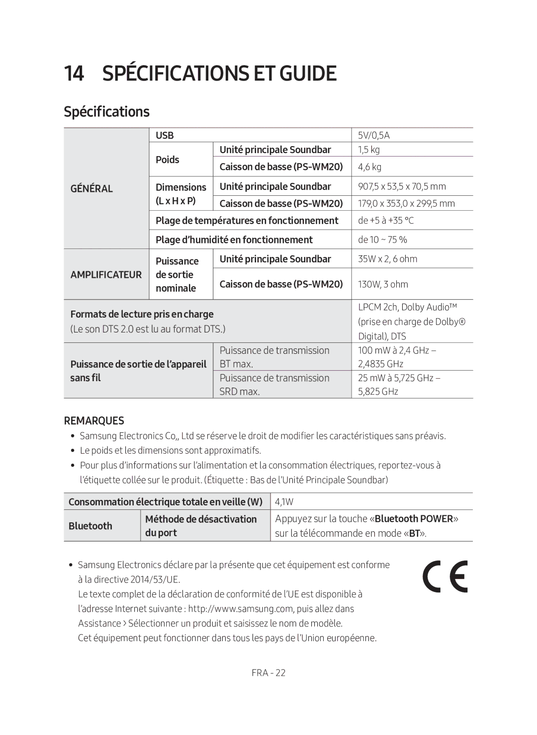 Samsung HW-M360/EN, HW-M360/ZG manual 14 Spécifications et Guide 