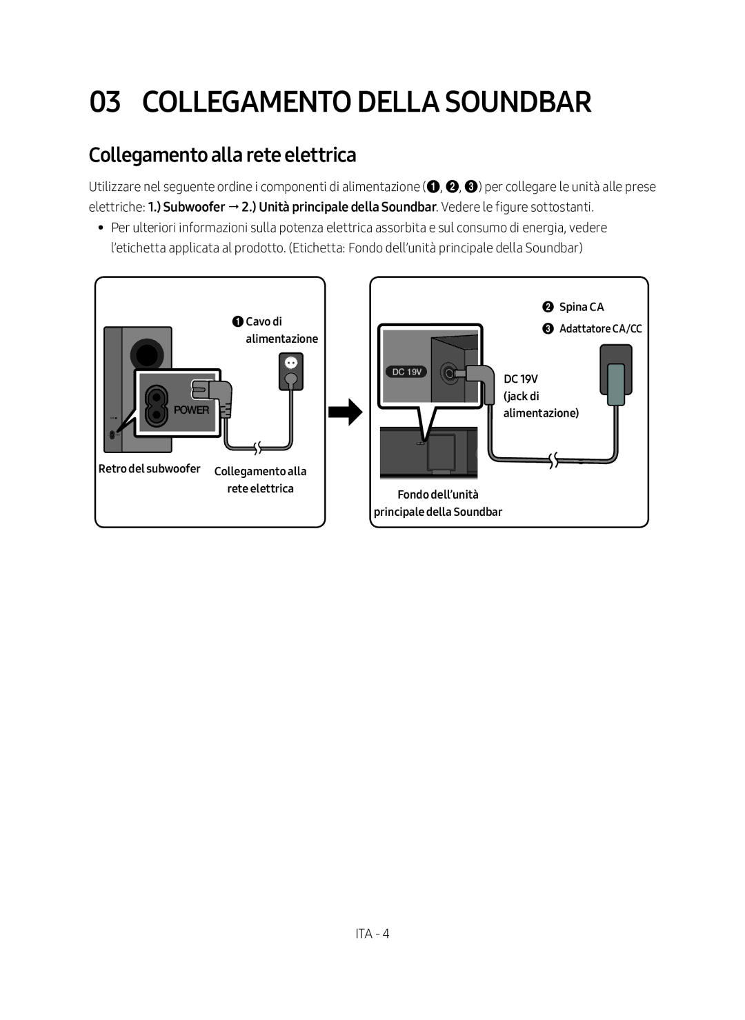 Samsung HW-M360/EN manual Collegamento della Soundbar, Collegamento alla rete elettrica, Spina CA Adattatore CA/CC Jack di 