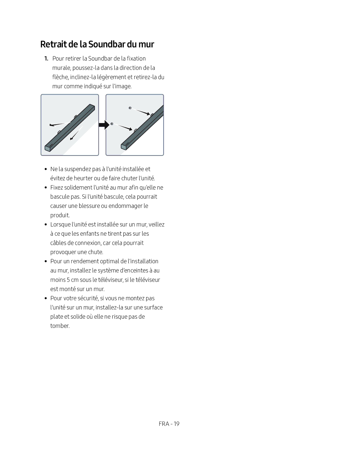 Samsung HW-M360/EN manual Retrait de la Soundbar du mur 