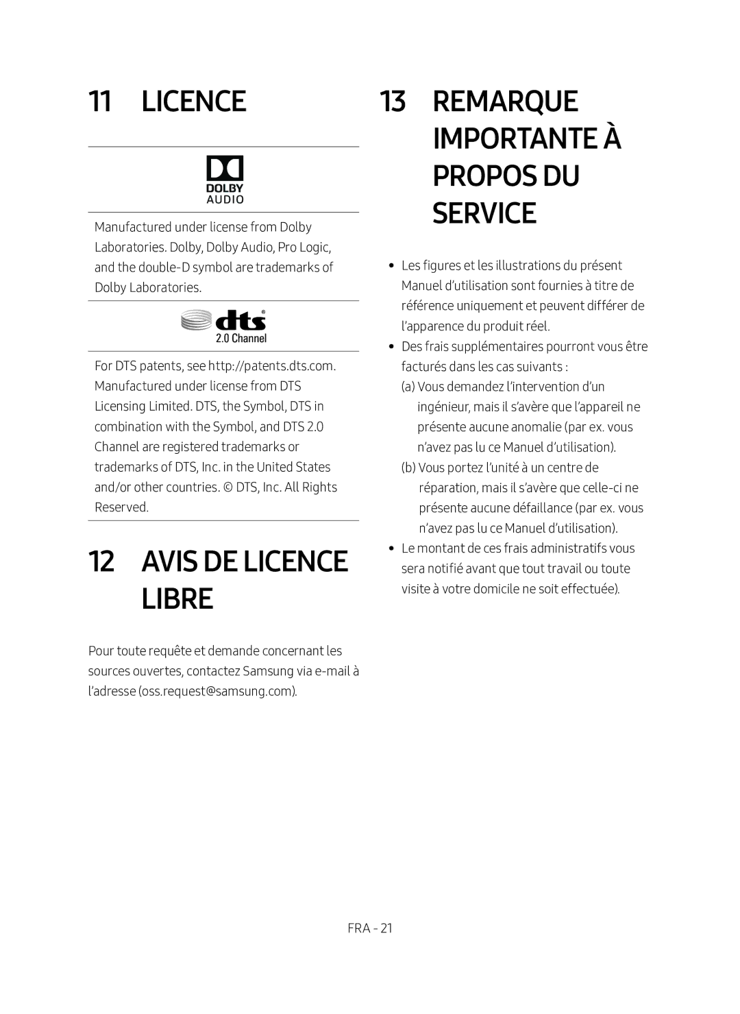 Samsung HW-M360/EN manual Avis de Licence Libre, Remarque Importante à Propos du Service 