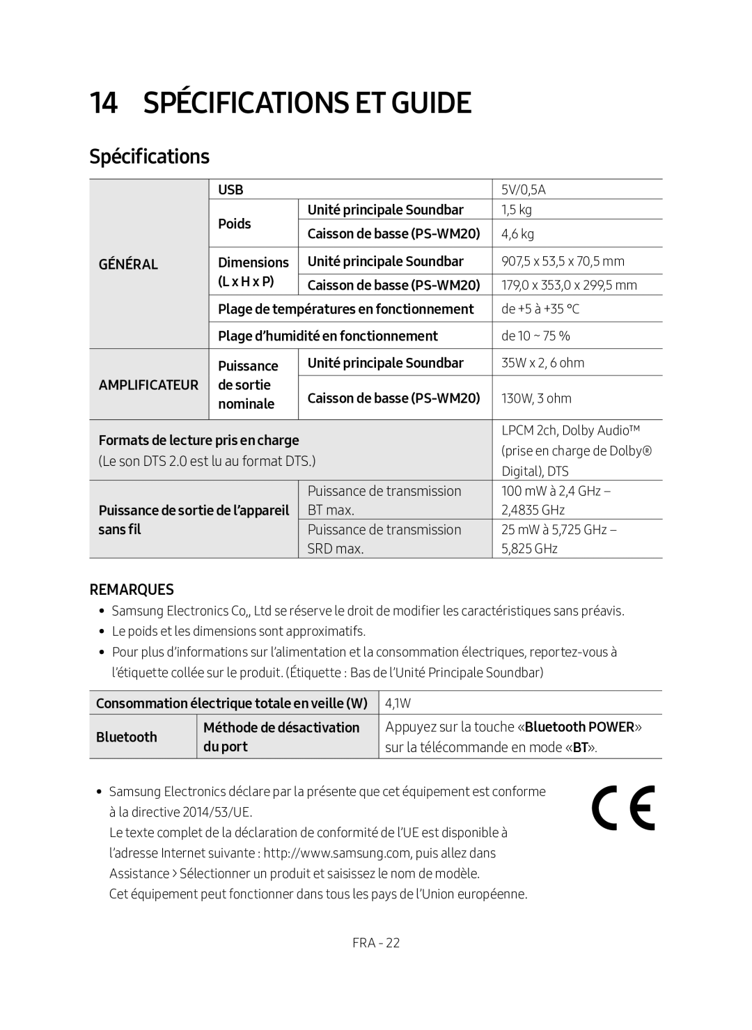 Samsung HW-M360/EN manual 14 Spécifications et Guide 