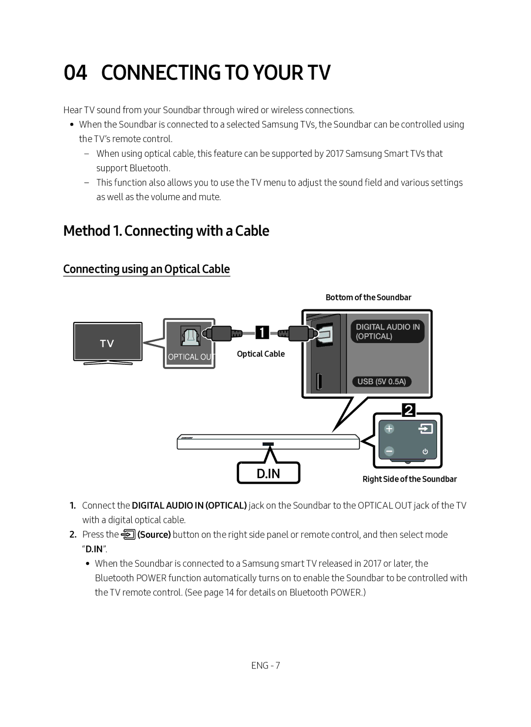 Samsung HW-M360/EN manual Connecting to your TV, Method 1. Connecting with a Cable, Connecting using an Optical Cable 