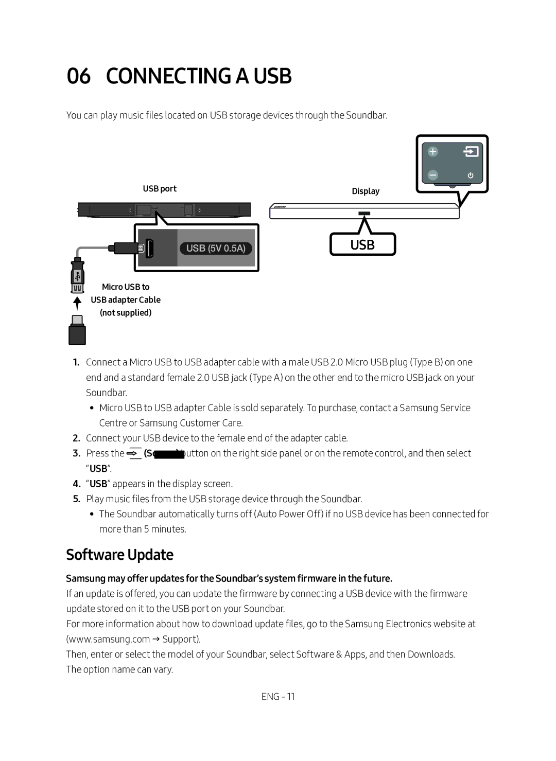 Samsung HW-M360/EN manual Connecting a USB, Software Update, USB port Display, Micro USB to USB adapter Cable Not supplied 