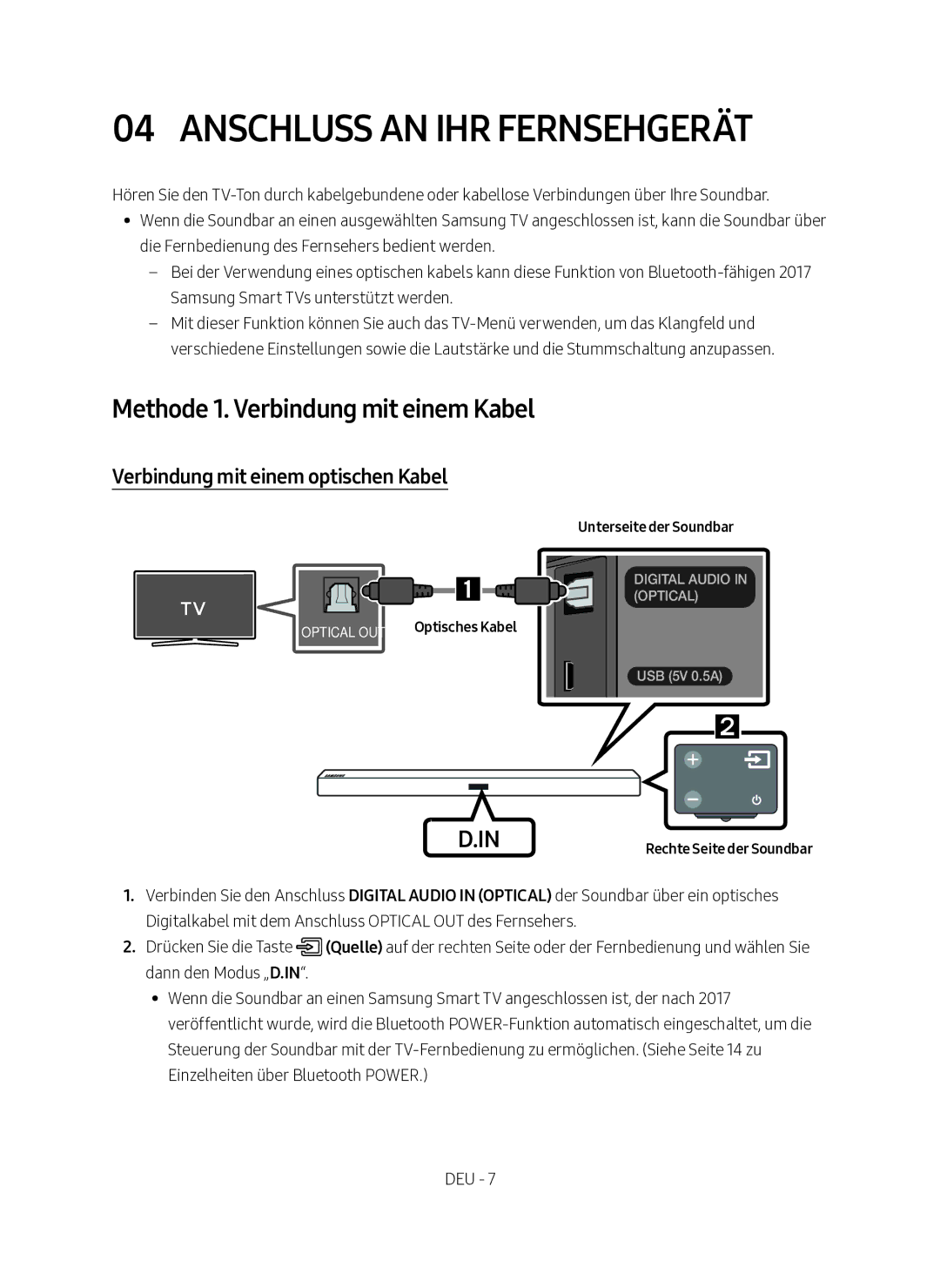 Samsung HW-M360/EN manual Anschluss an ihr Fernsehgerät, Methode 1. Verbindung mit einem Kabel 