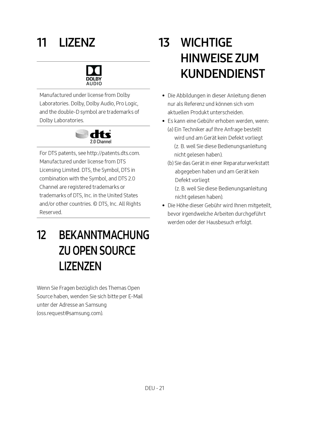 Samsung HW-M360/EN manual Lizenz Wichtige Hinweise zum Kundendienst, Bekanntmachung zu Open Source Lizenzen 