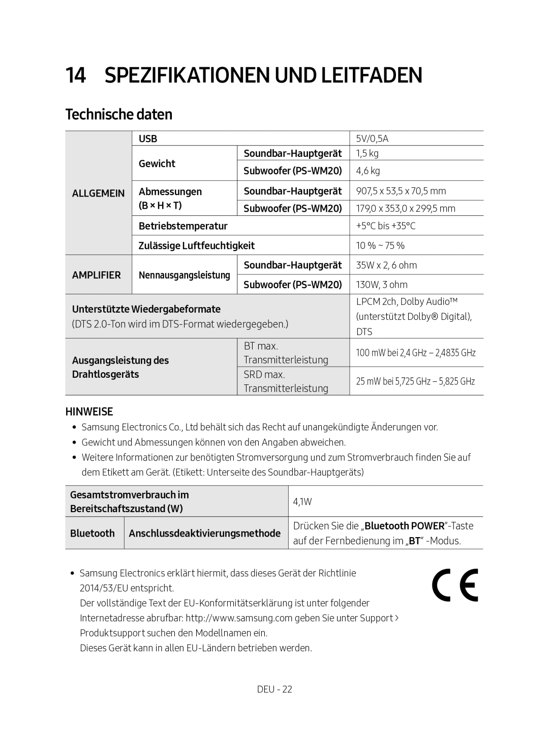 Samsung HW-M360/EN manual Spezifikationen und Leitfaden, Technische daten 