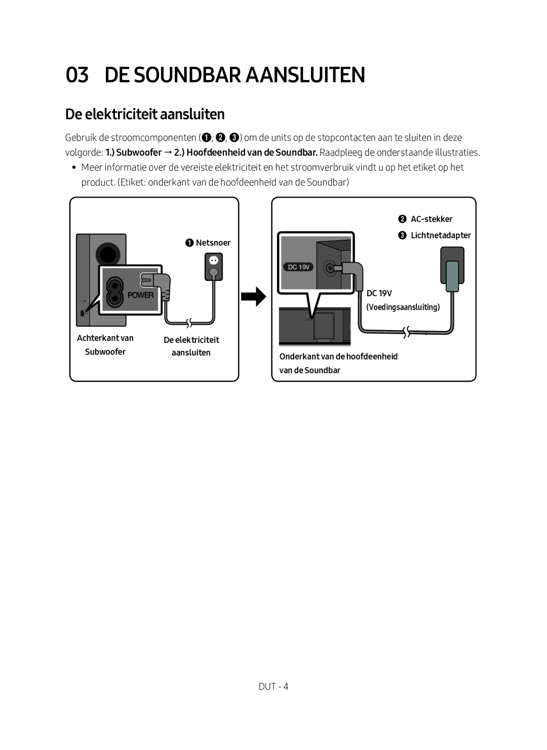 Samsung HW-M360/EN manual De Soundbar Aansluiten, De elektriciteit aansluiten 