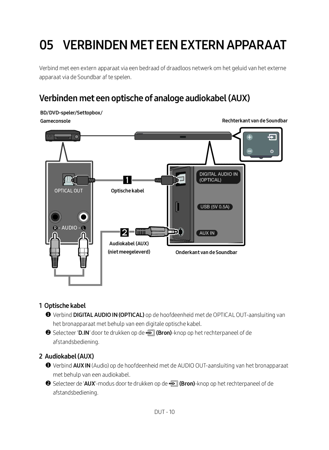 Samsung HW-M360/EN Verbinden met een Extern Apparaat, Verbinden met een optische of analoge audiokabel AUX, Optische kabel 