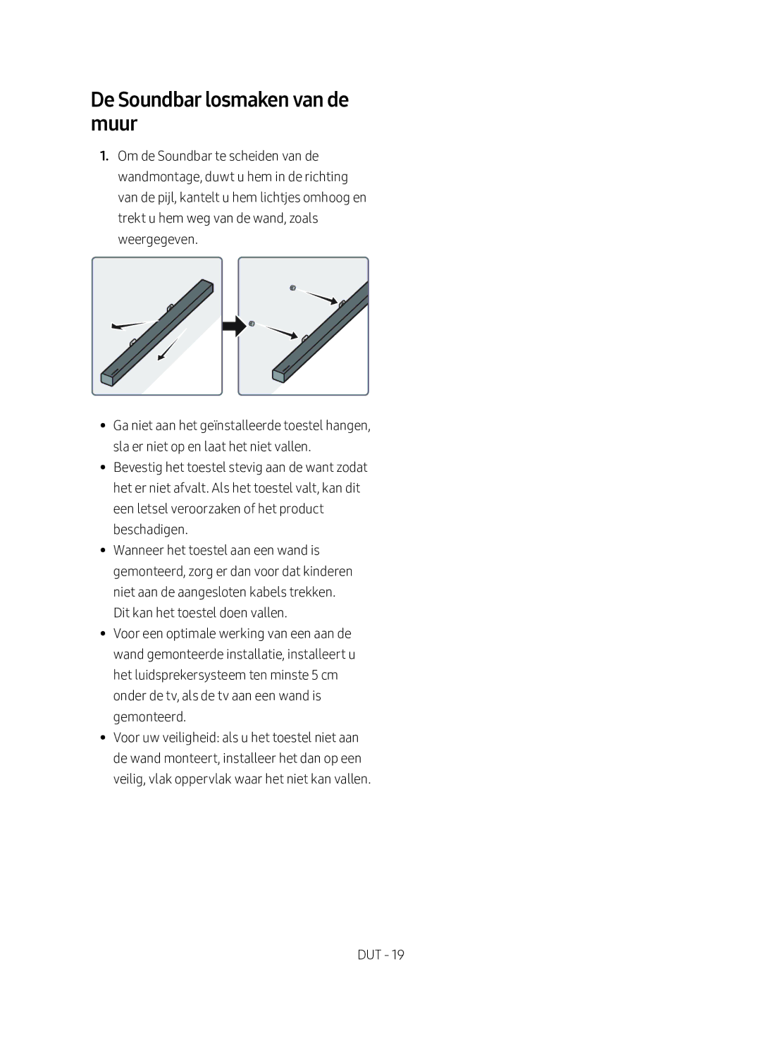 Samsung HW-M360/EN manual De Soundbar losmaken van de muur 