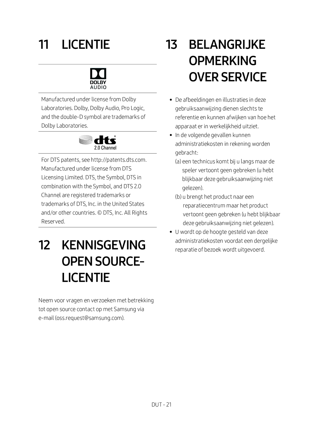 Samsung HW-M360/EN manual Licentie Belangrijke Opmerking Over Service, Kennisgeving Open Source- Licentie 