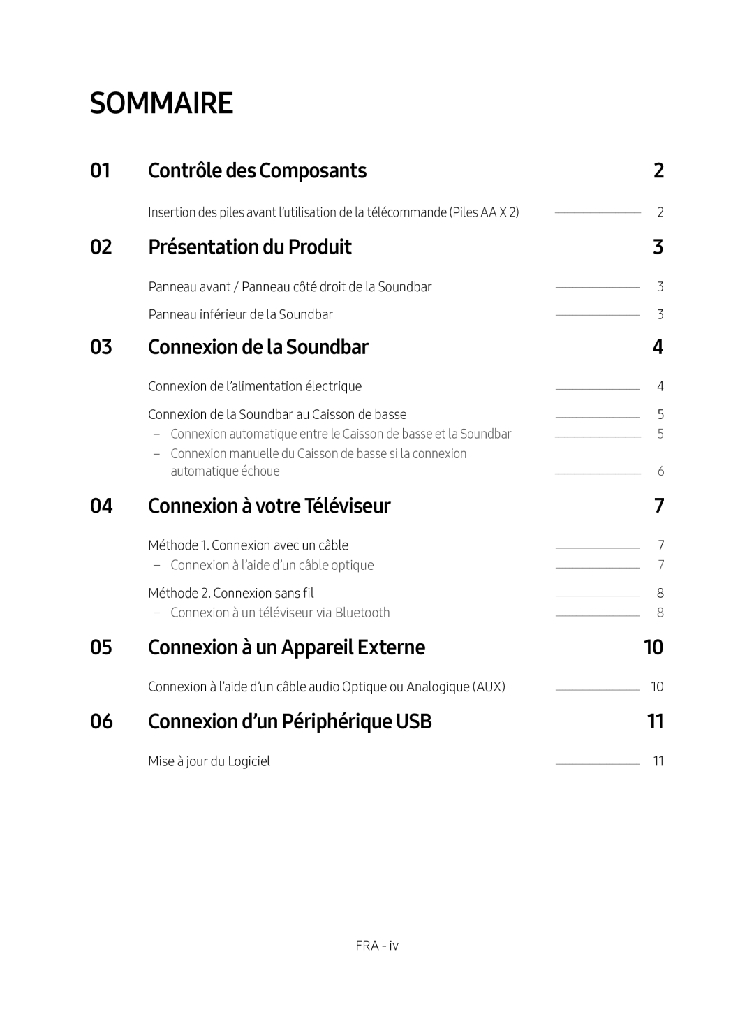 Samsung HW-M360/EN manual Contrôle des Composants, Présentation du Produit, Connexion de la Soundbar 