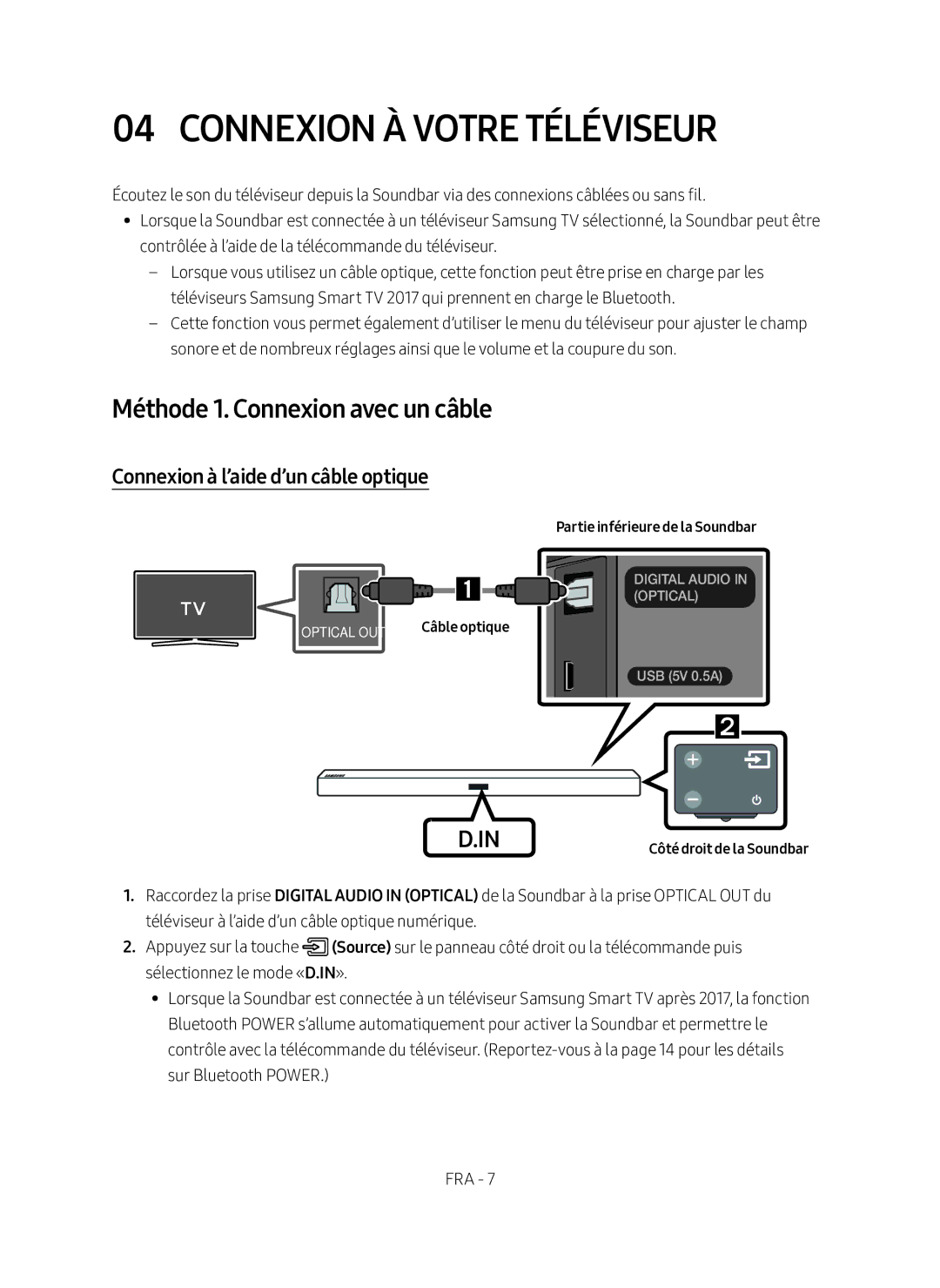 Samsung HW-M360/EN Connexion à votre Téléviseur, Méthode 1. Connexion avec un câble, Connexion à l’aide d’un câble optique 