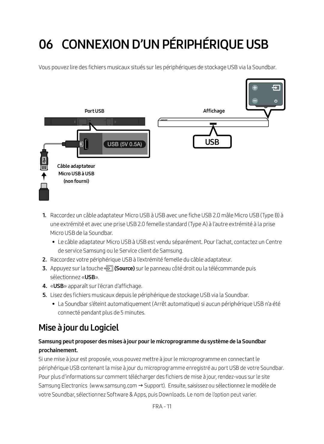 Samsung HW-M360/EN manual Connexion d’un Périphérique USB, Mise à jour du Logiciel, Port USB Affichage 