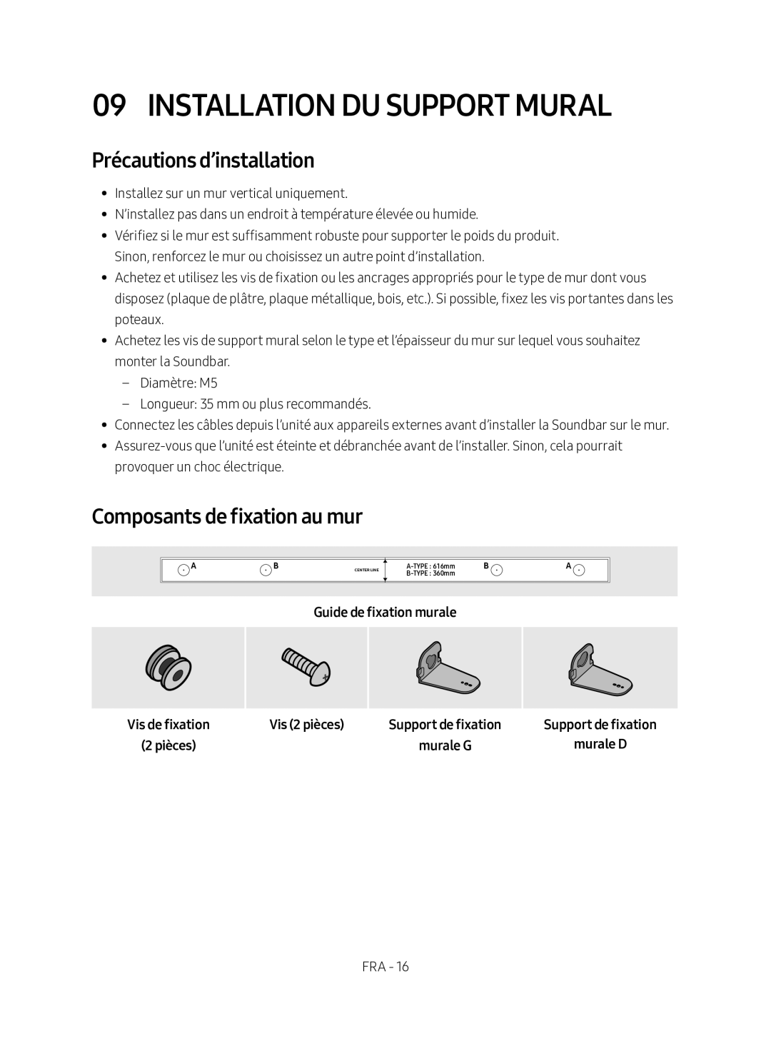 Samsung HW-M360/EN manual Installation du Support Mural, Précautions d’installation, Composants de fixation au mur, Pièces 