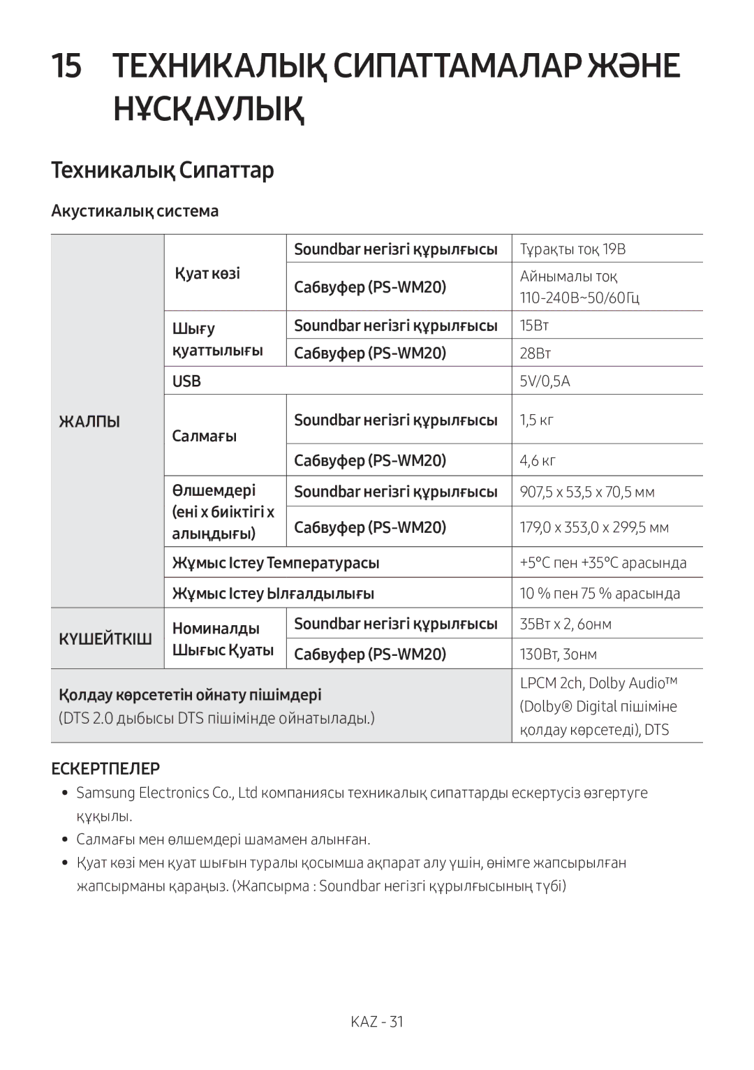 Samsung HW-M360/RU manual 15 Техникалық Сипаттамалар Және Нұсқаулық, Техникалық Сипаттар, Aкустикалық система 