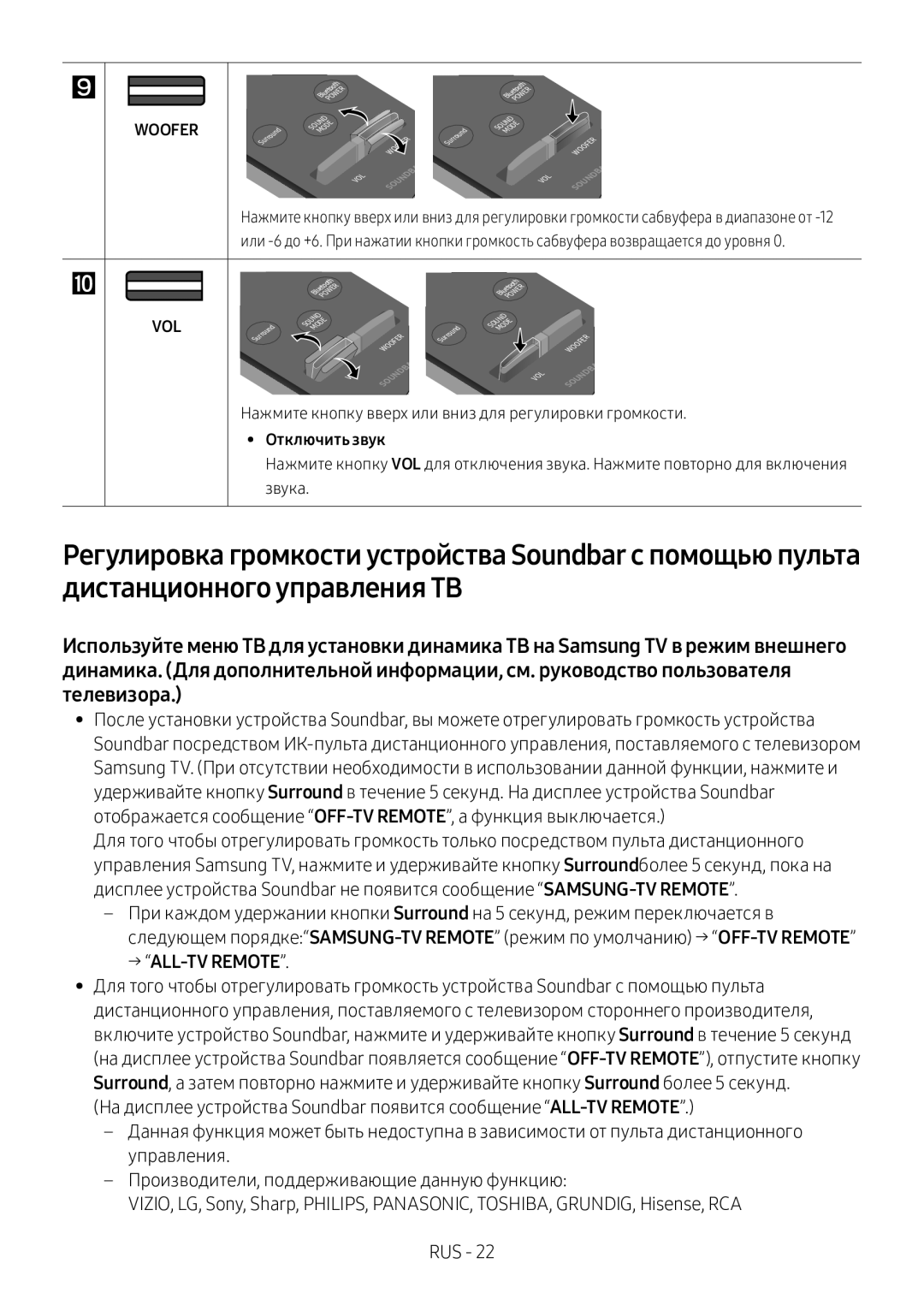 Samsung HW-M360/RU manual → ALL-TV Remote, Отключить звук 