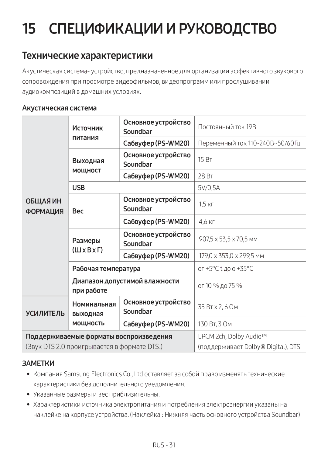 Samsung HW-M360/RU manual 15 Спецификации И Руководство, Технические характеристики, Акустическая система 