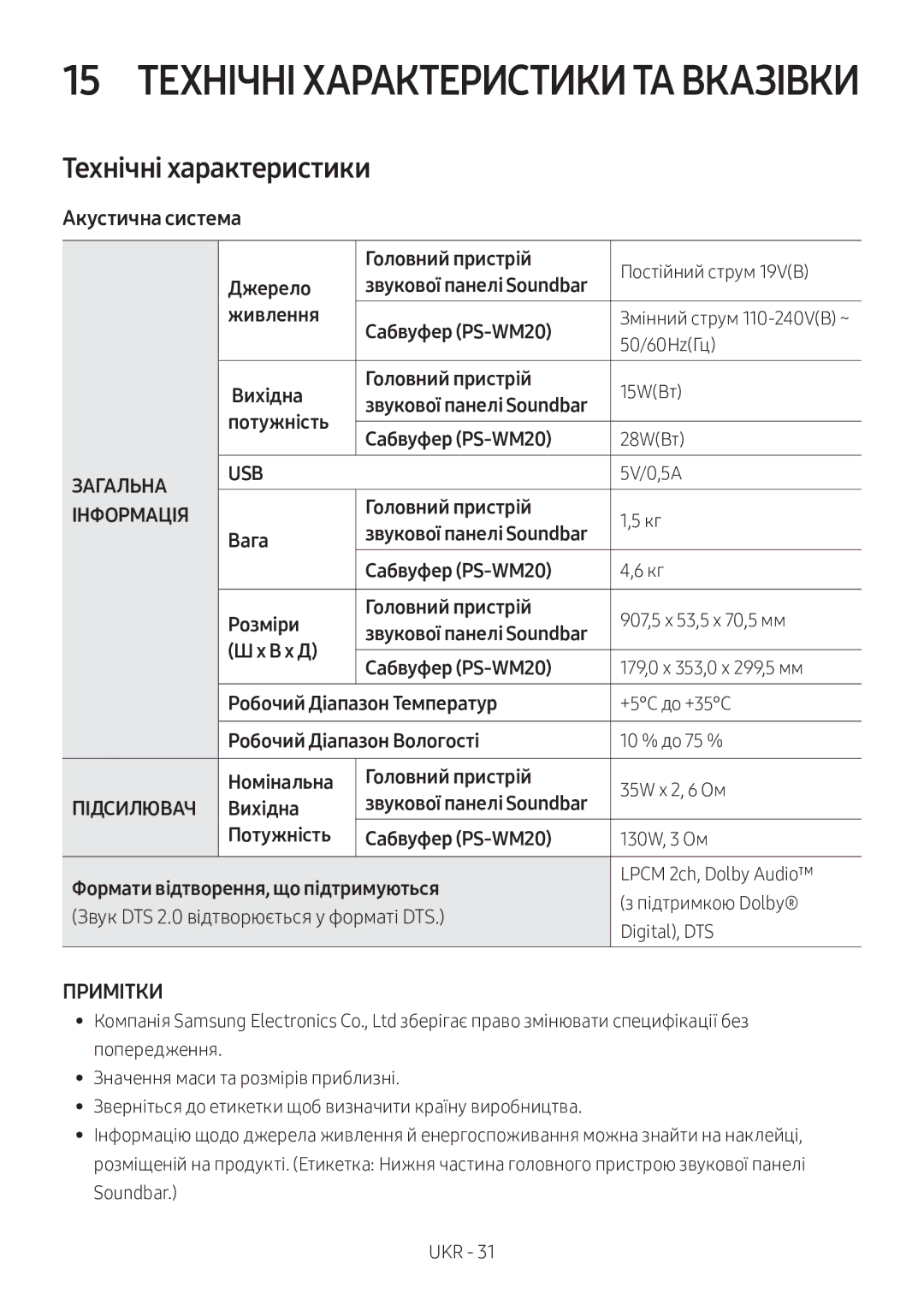 Samsung HW-M360/RU manual Технічні характеристики, Акустична система 