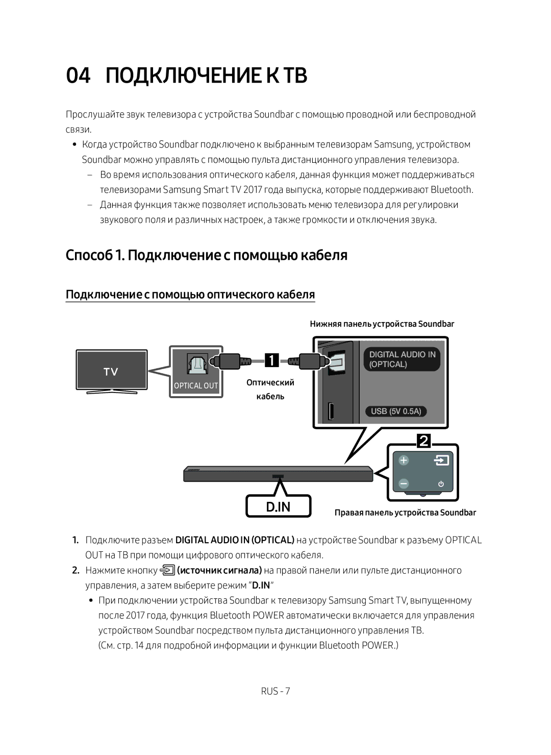 Samsung HW-M360/RU 04 Подключение к ТВ, Способ 1. Подключение с помощью кабеля, Подключение с помощью оптического кабеля 