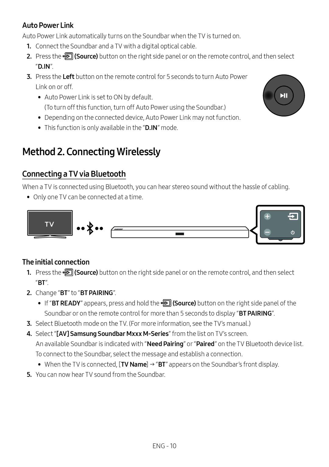 Samsung HW-M360/XV Method 2. Connecting Wirelessly, Connecting a TV via Bluetooth, Auto Power Link, Initial connection 