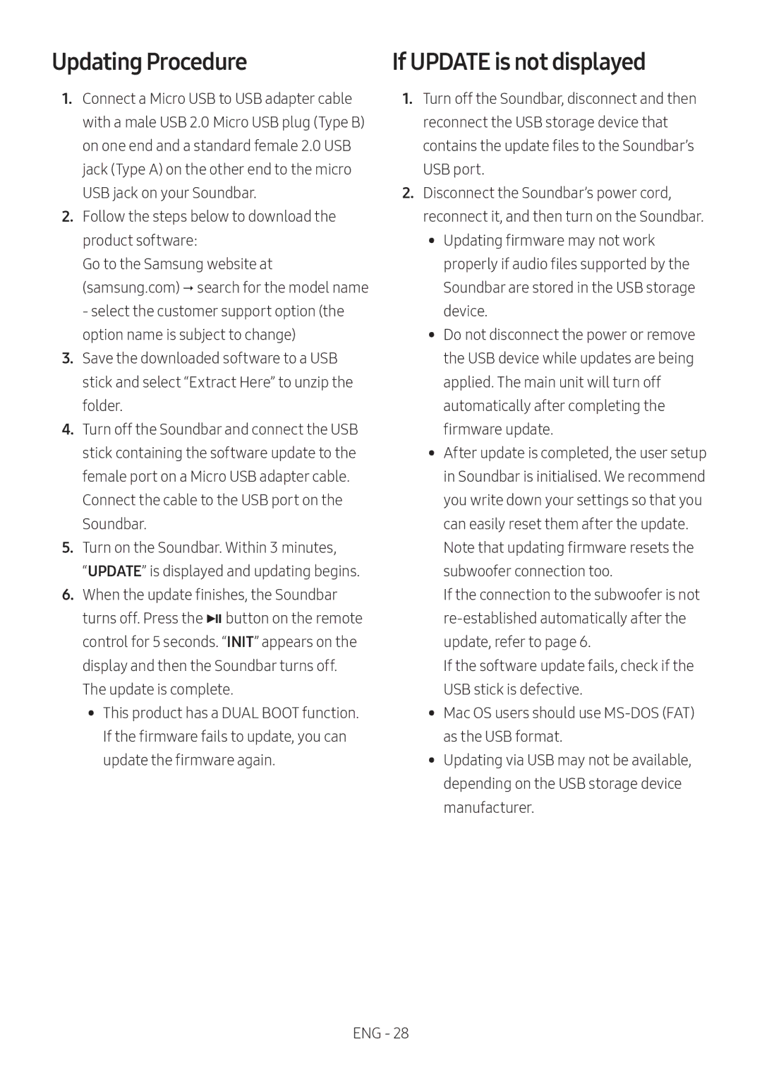 Samsung HW-M360/XV manual Updating Procedure, If Update is not displayed 