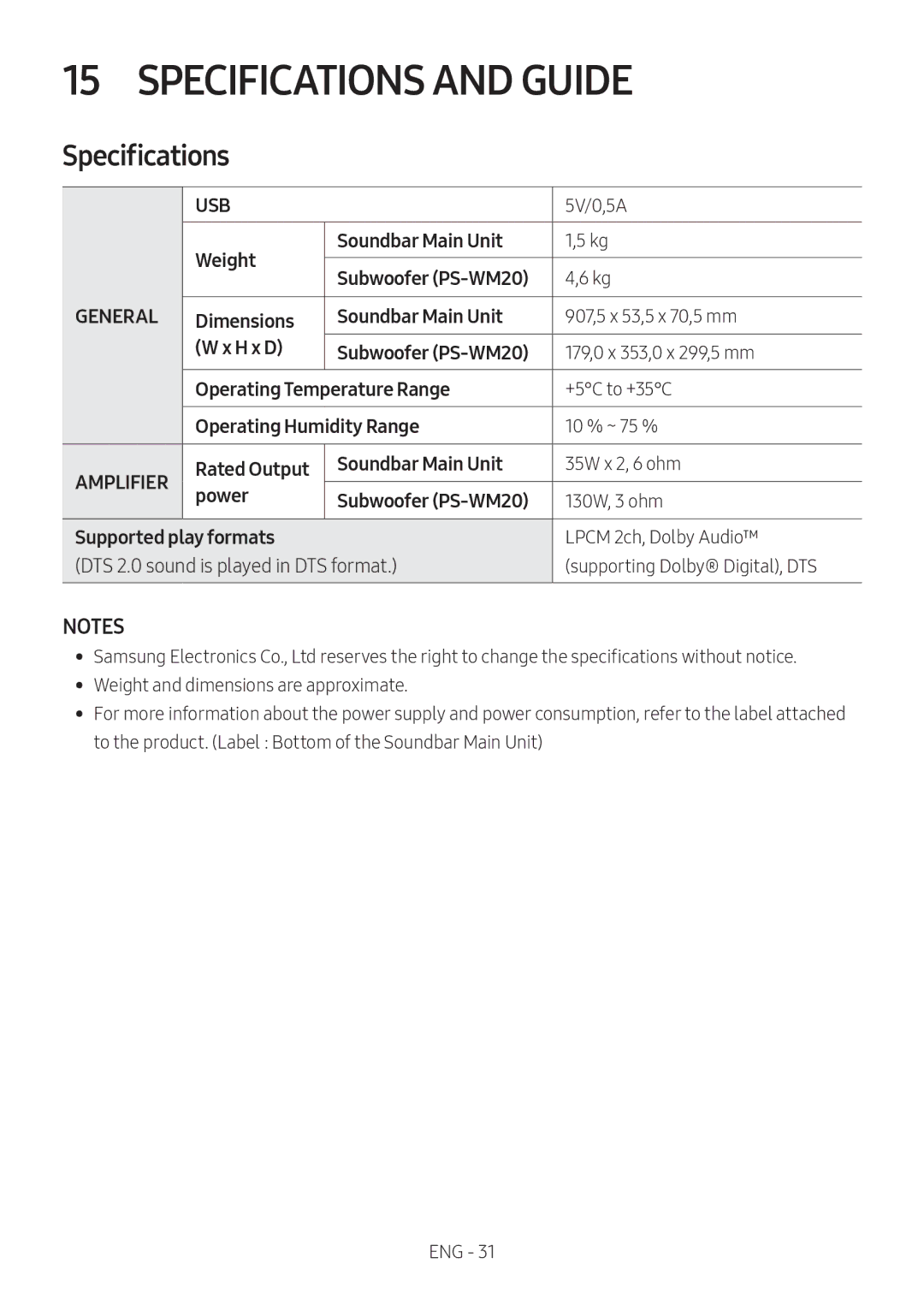 Samsung HW-M360/XV manual Specifications and Guide 