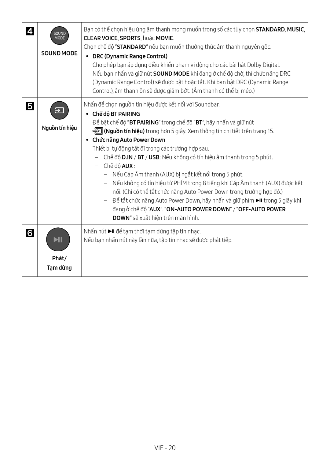 Samsung HW-M360/XV manual Clear VOICE, SPORTS, hoặ̣c Movie, Chế độ BT Pairing, Nguồ̀n tín hiệu, Chức năng Auto Power Down 