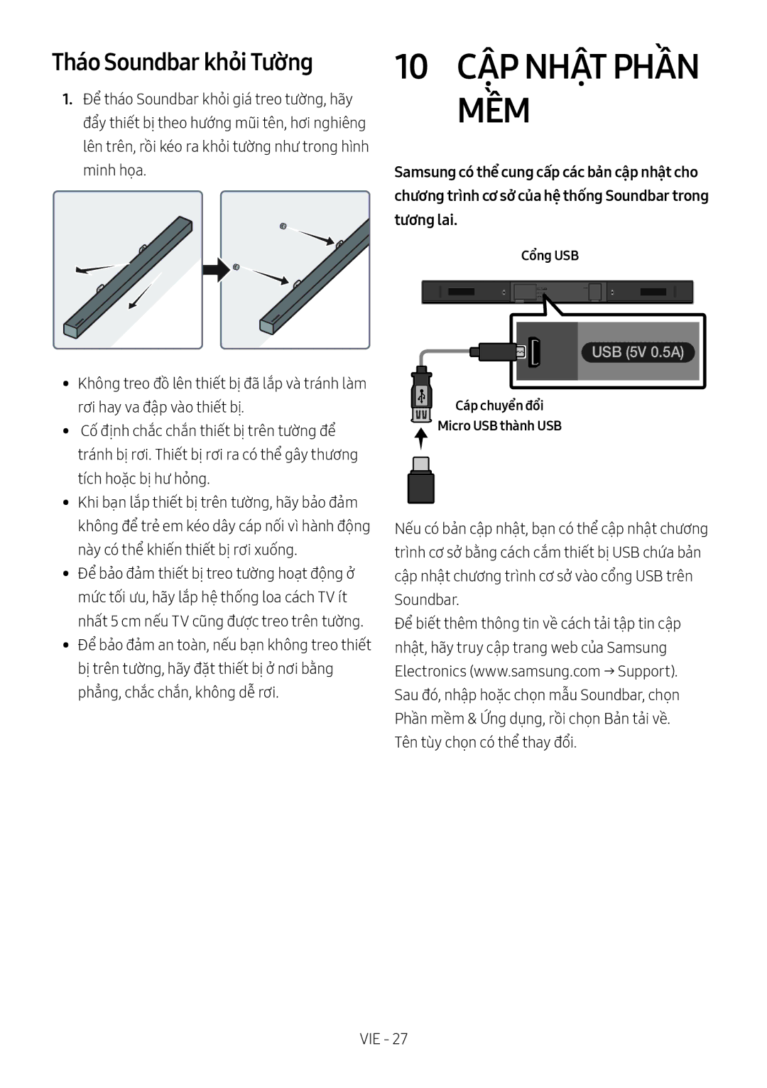 Samsung HW-M360/XV manual 10 CẬP Nhật Phần MỀM, Tháo Soundbar khỏi Tường, Cổng USB 