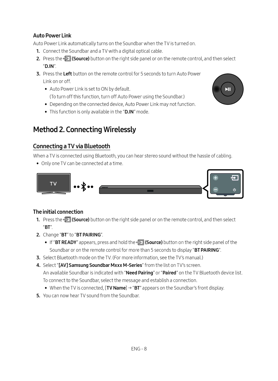 Samsung HW-M360/XV Method 2. Connecting Wirelessly, Connecting a TV via Bluetooth, Auto Power Link, Initial connection 