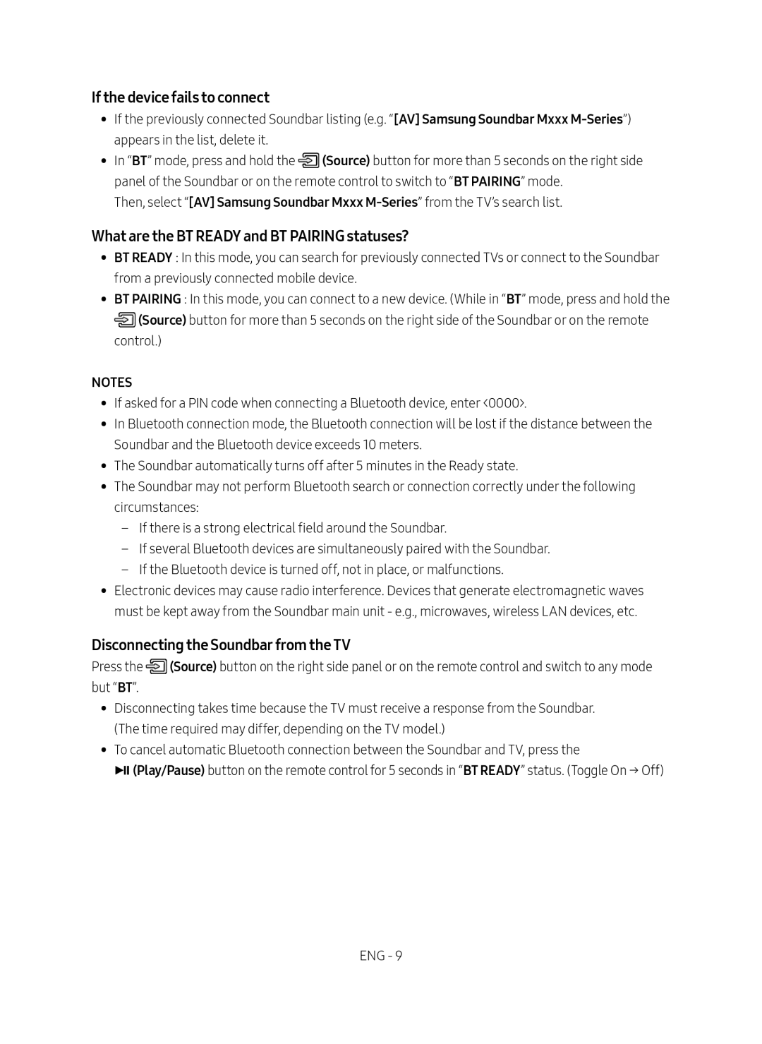 Samsung HW-M360/XV manual If the device fails to connect, What are the BT Ready and BT Pairing statuses? 