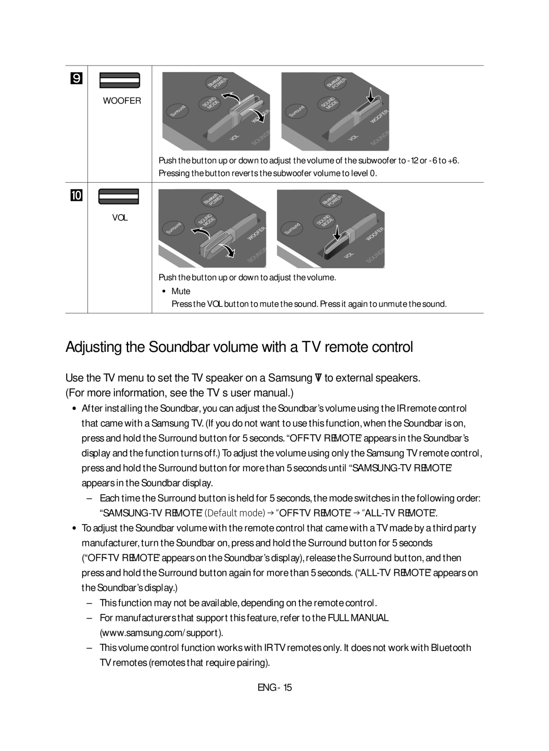 Samsung HW-M360/XV Adjusting the Soundbar volume with a TV remote control, Push the button up or down to adjust the volume 