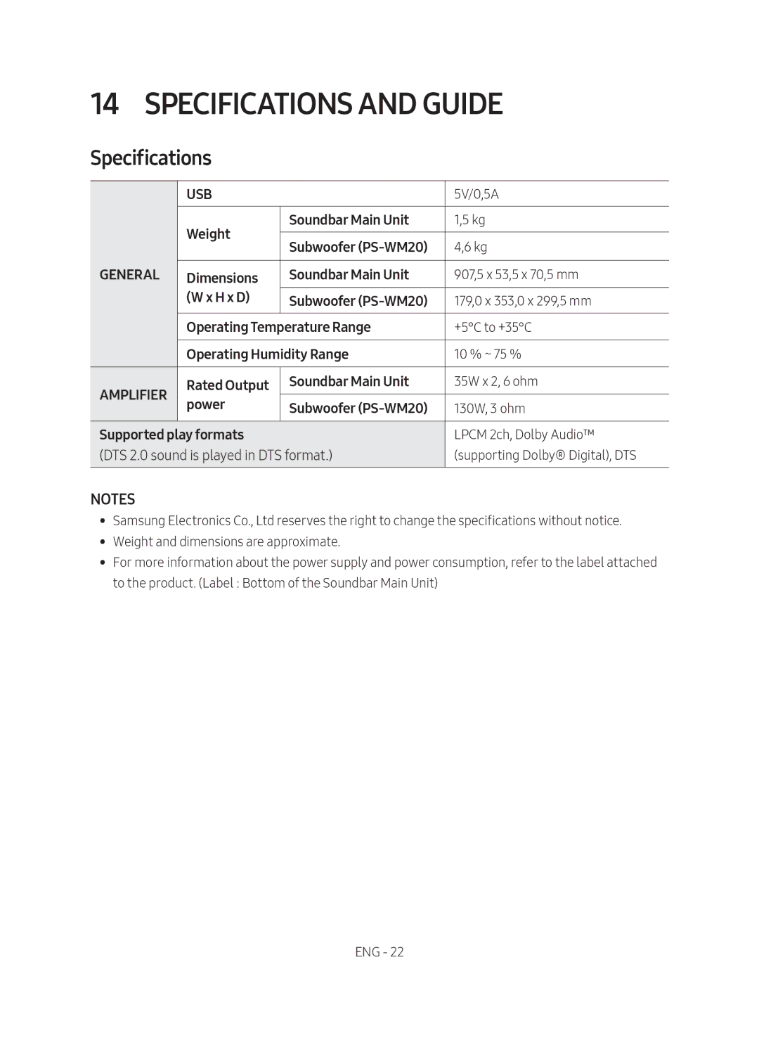 Samsung HW-M360/XV manual Specifications and Guide 